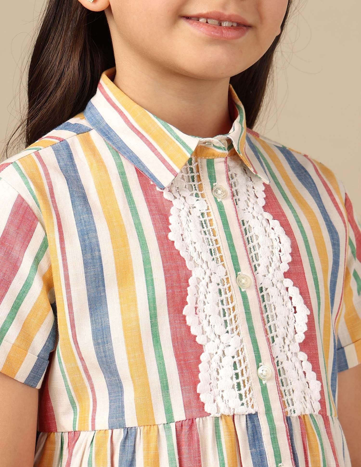 Girls Vertical Striped Lace A-Line Dress Multi-colour - U.S. POLO ASSN. | Large