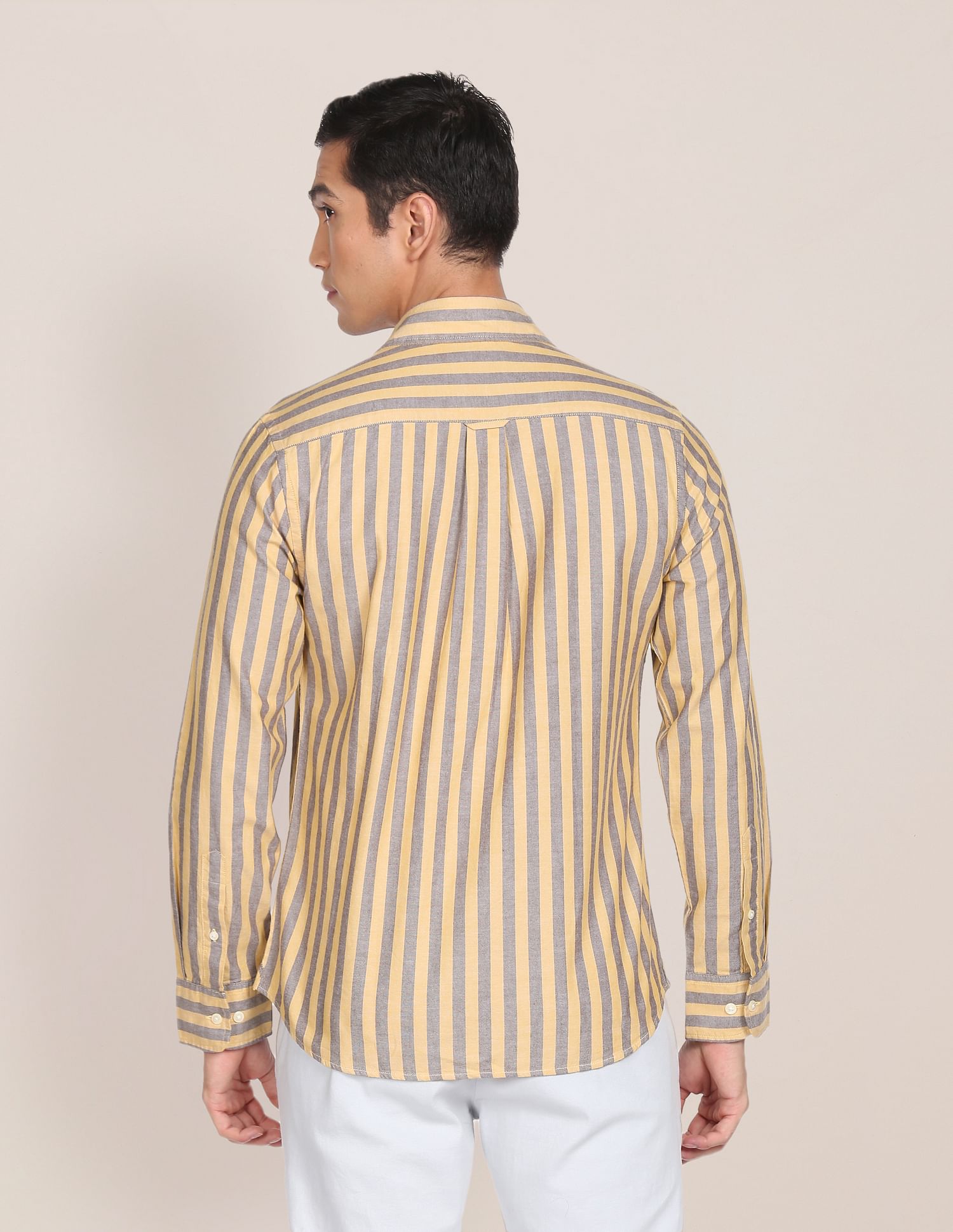 Men Yellow And Grey Pure Cotton Striped Casual Shirt Yellow and Grey - U.S. POLO ASSN. | Large