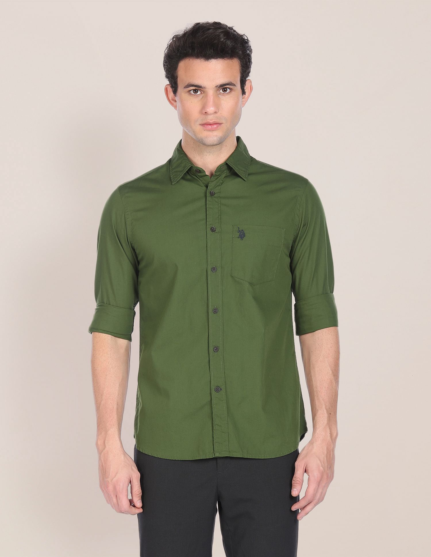 Men Green Spread Collar Solid Casual Shirt Green - U.S. POLO ASSN. | Large