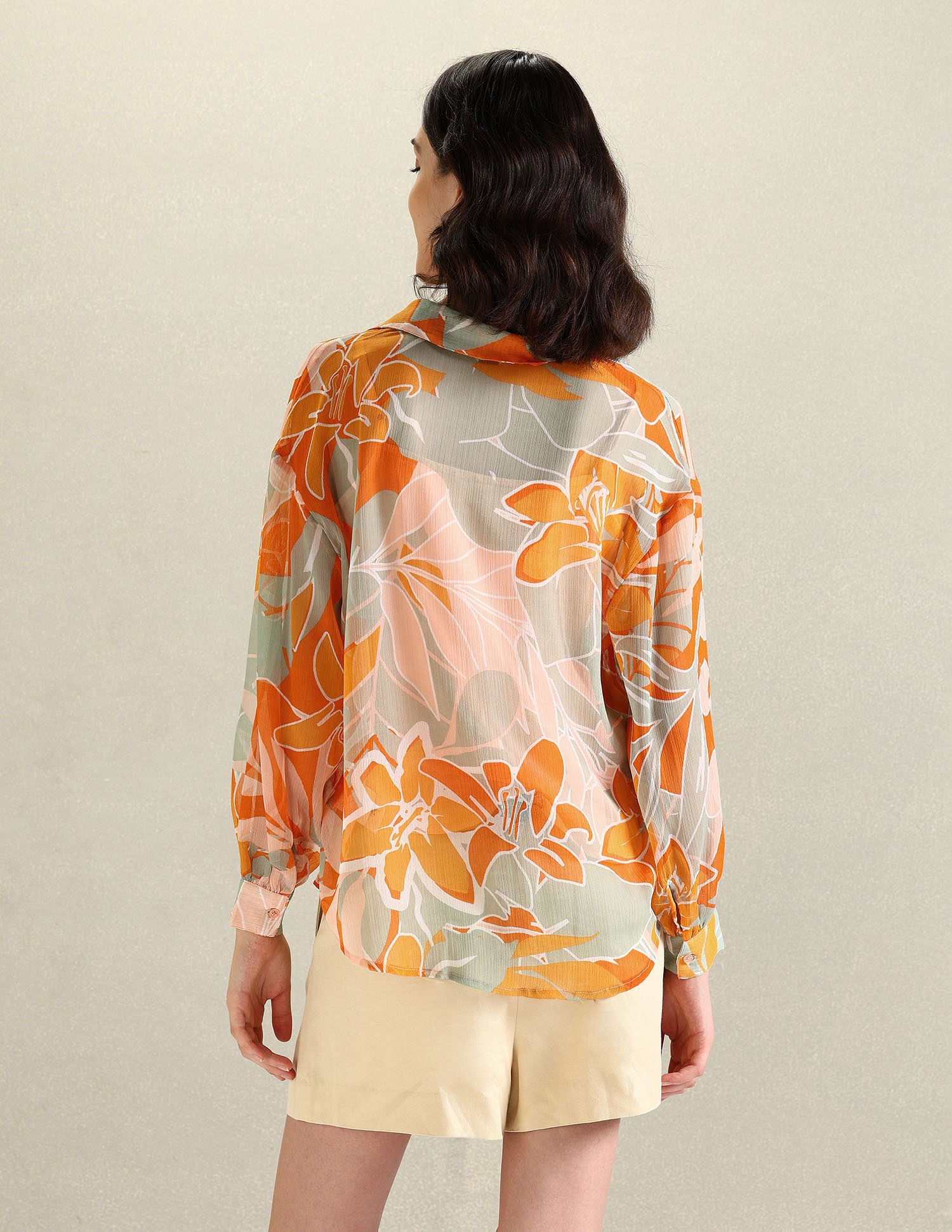 Spread Collar Floral Print Top Orange, Grey and White - U.S. POLO ASSN. | Large