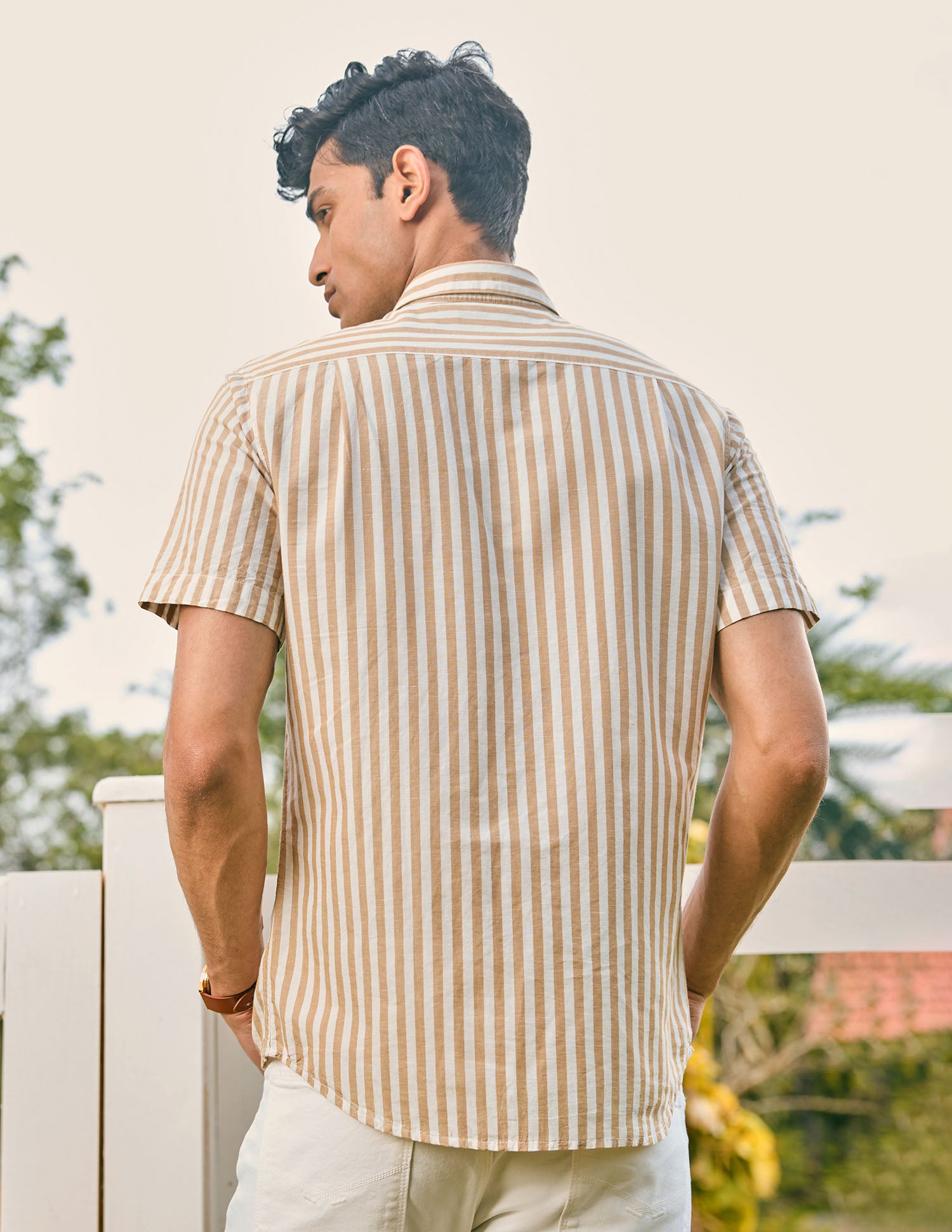 Pacho X Vertical Stripe Cotton Linen Shirt Beige - U.S. POLO ASSN. | Large