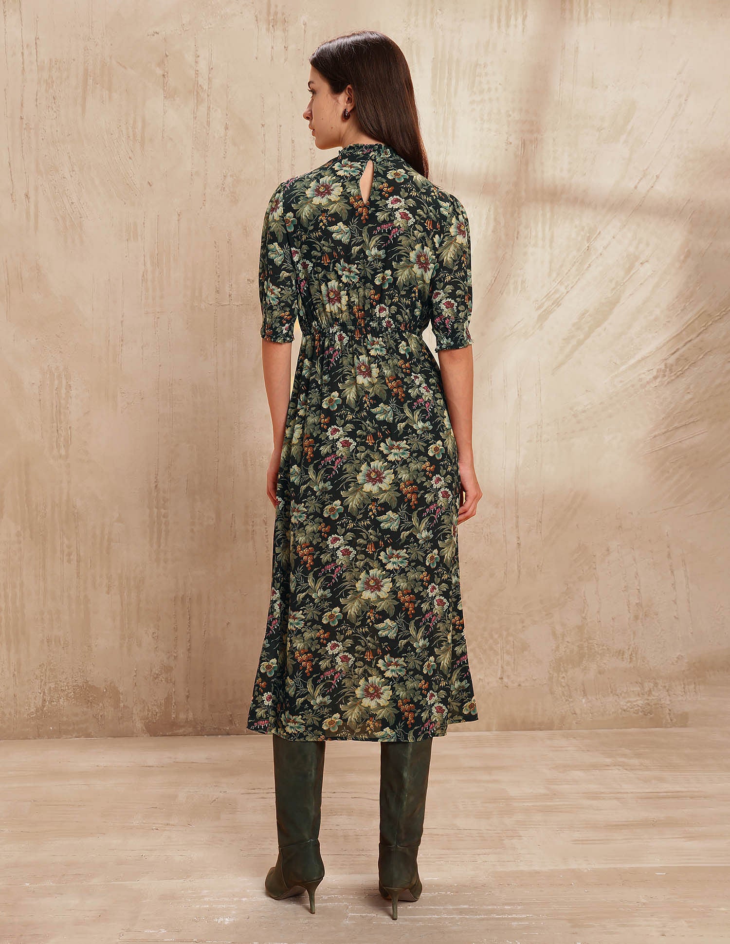 Smocked Floral Printed A-Line Midi Dress Black - U.S. POLO ASSN. | Large