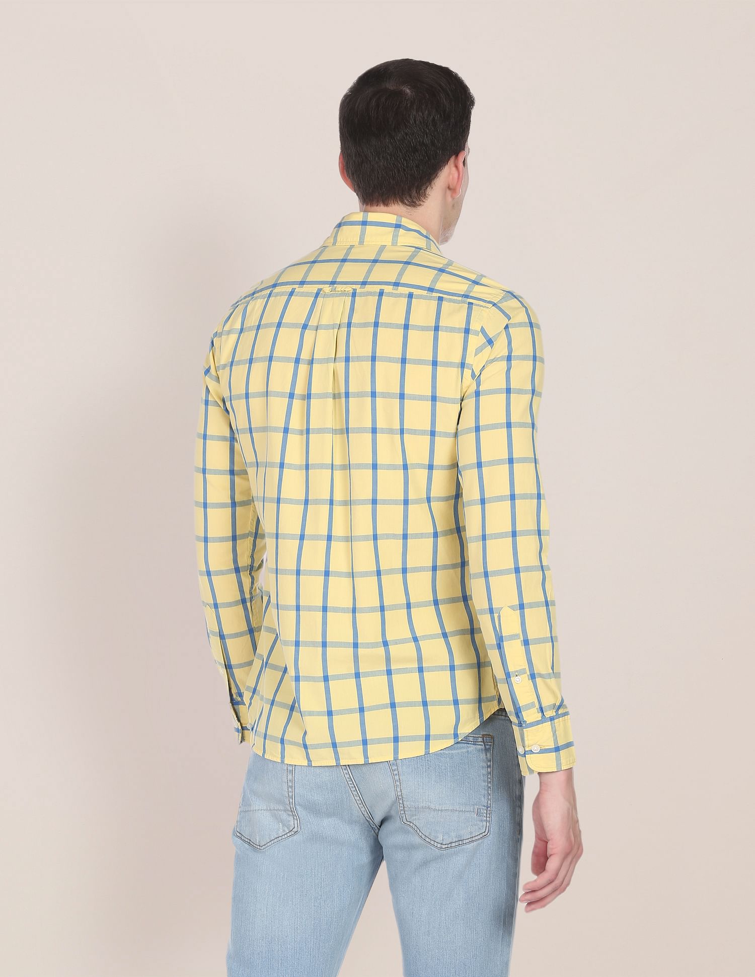 Men Yellow Windowpane Check Tailored Regular Fit Casual Shirt Yellow - U.S. Polo Assn. India | Large