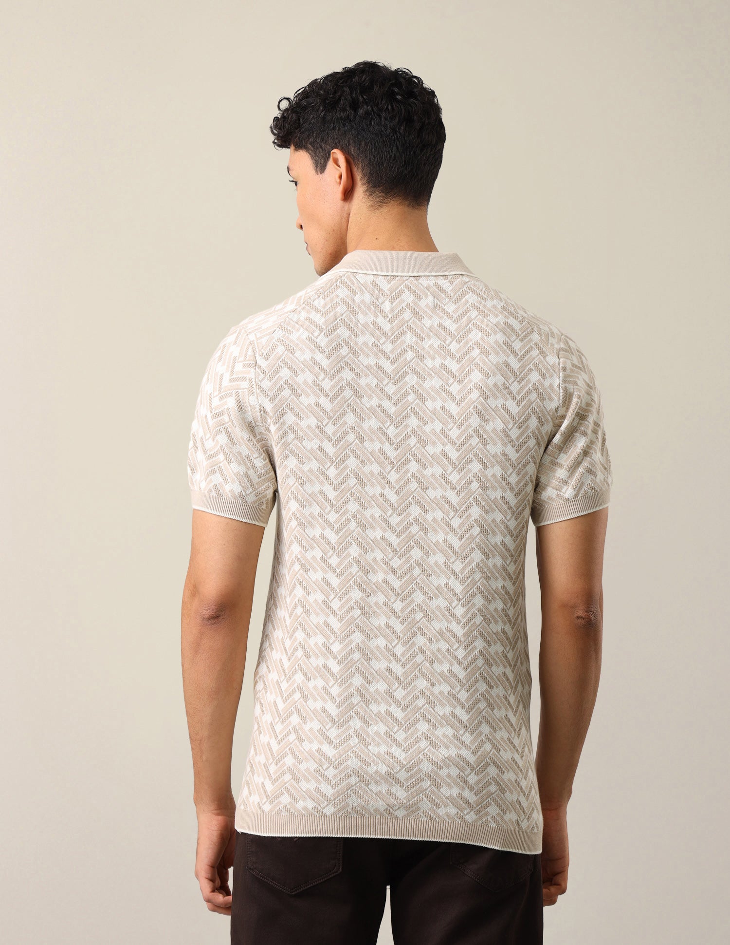 Geometric Patterned Knit Slim Fit Polo Shirt Beige - U.S. Polo Assn. India | Large