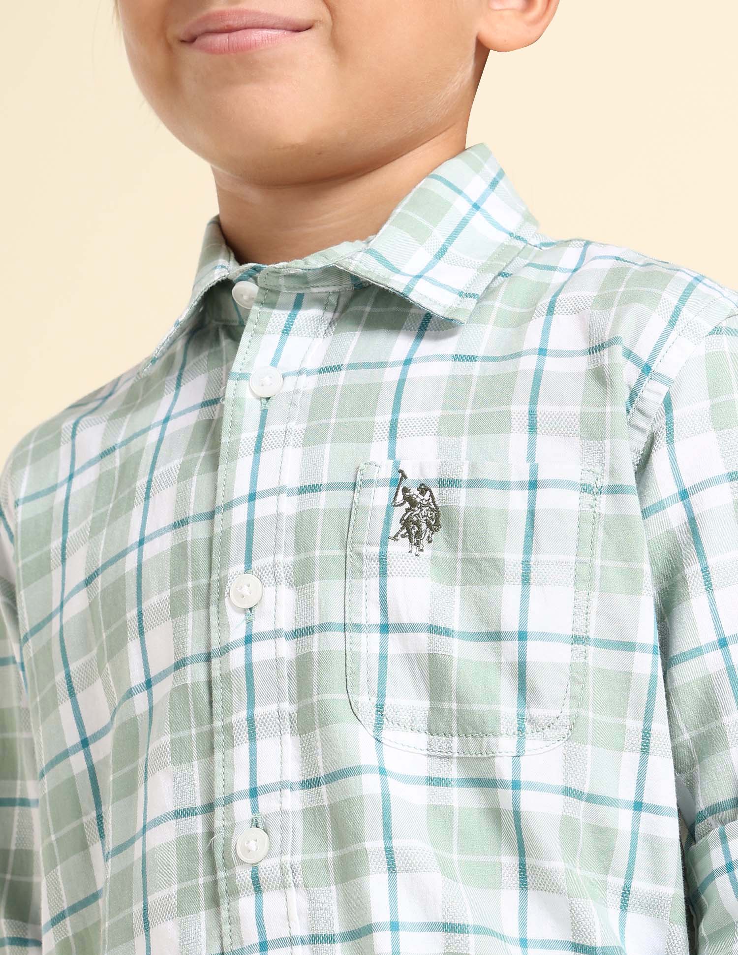 Boys Plaid Checked Regular Fit Shirt Green - U.S. POLO ASSN. | Large
