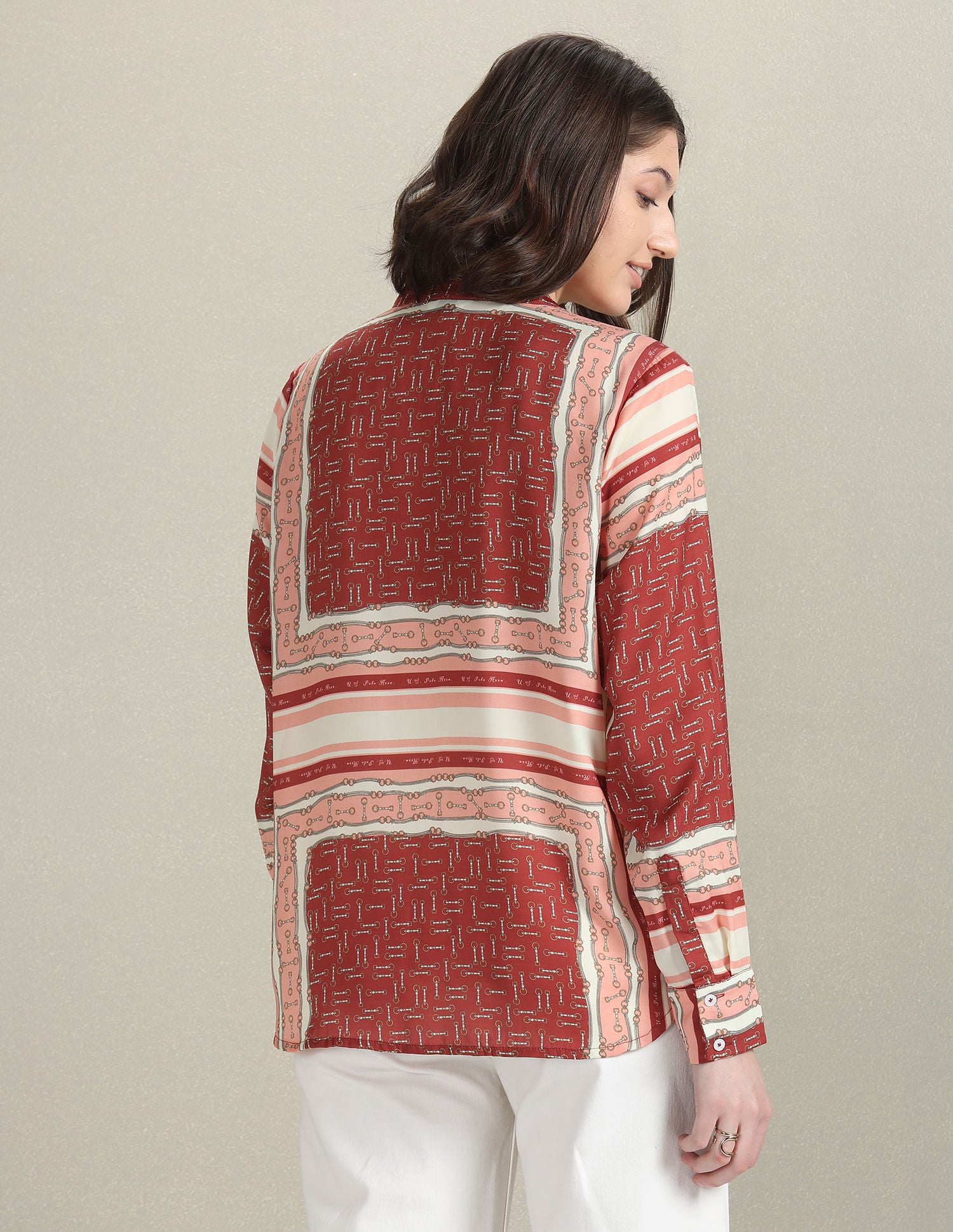Mandarin Collar Geometric Print Shirt White, Peach and Brown - U.S. Polo Assn. India | Large