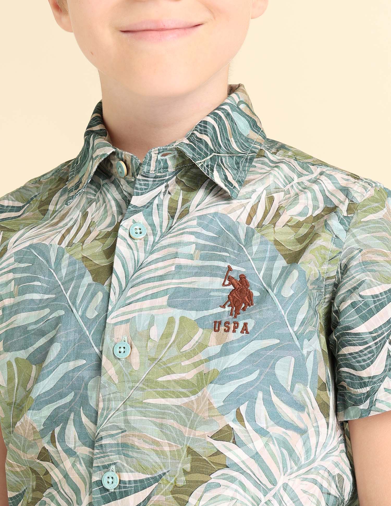 Boys Tropical Printed Regular Fit Shirt Green - U.S. POLO ASSN. | Large