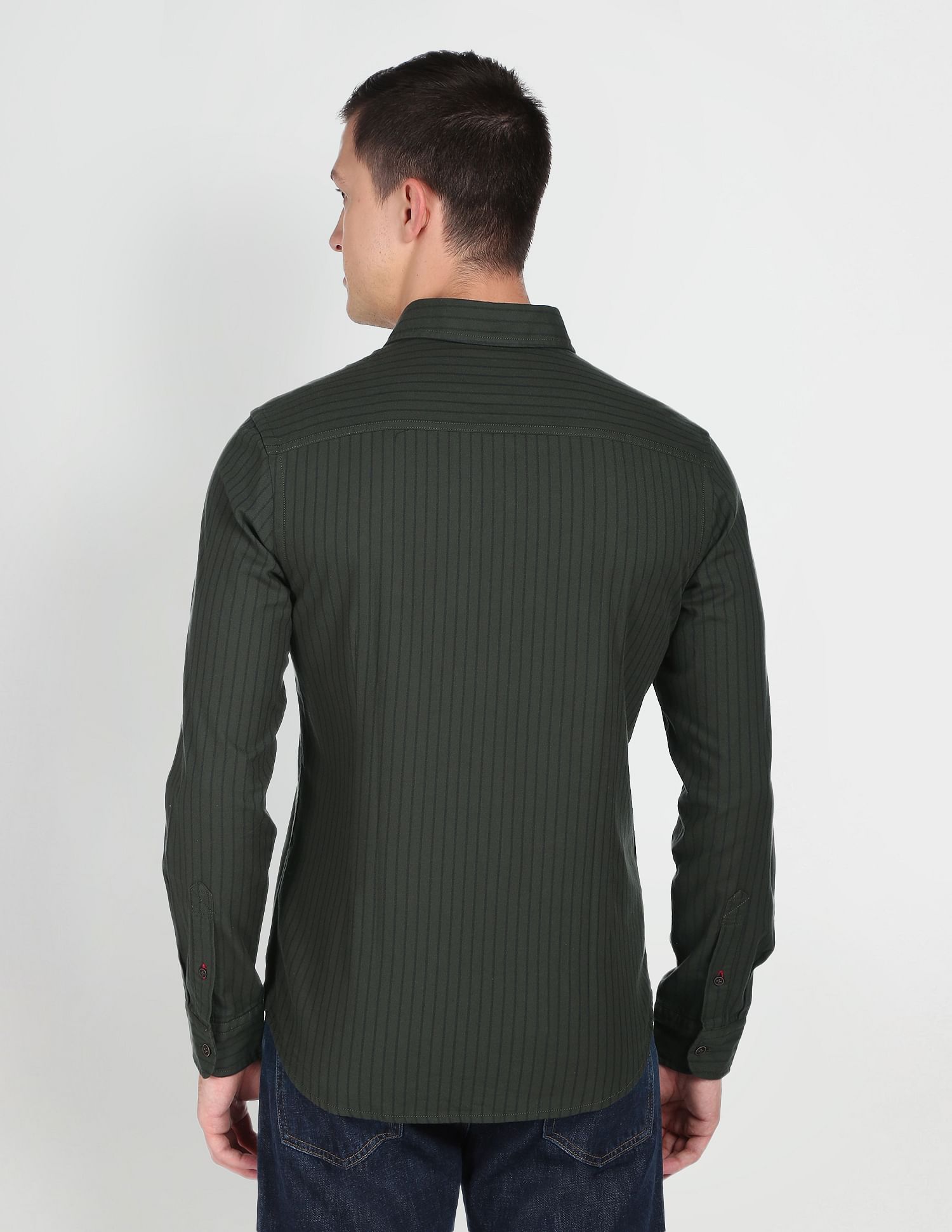 Vertical Stripe Cotton Casual Shirt Olive - U.S. POLO ASSN. | Large