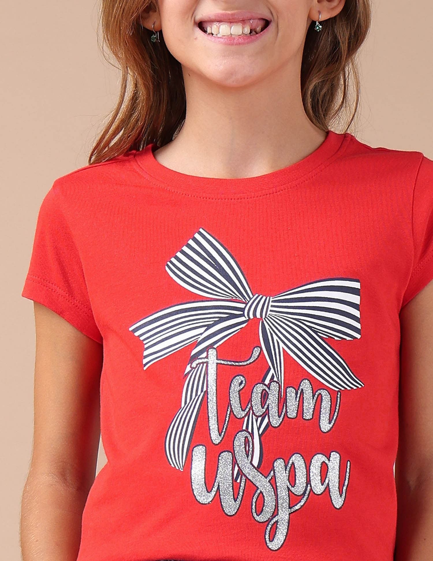 Girls Bow Print Regular Fit T-Shirt Red - U.S. POLO ASSN. | Large