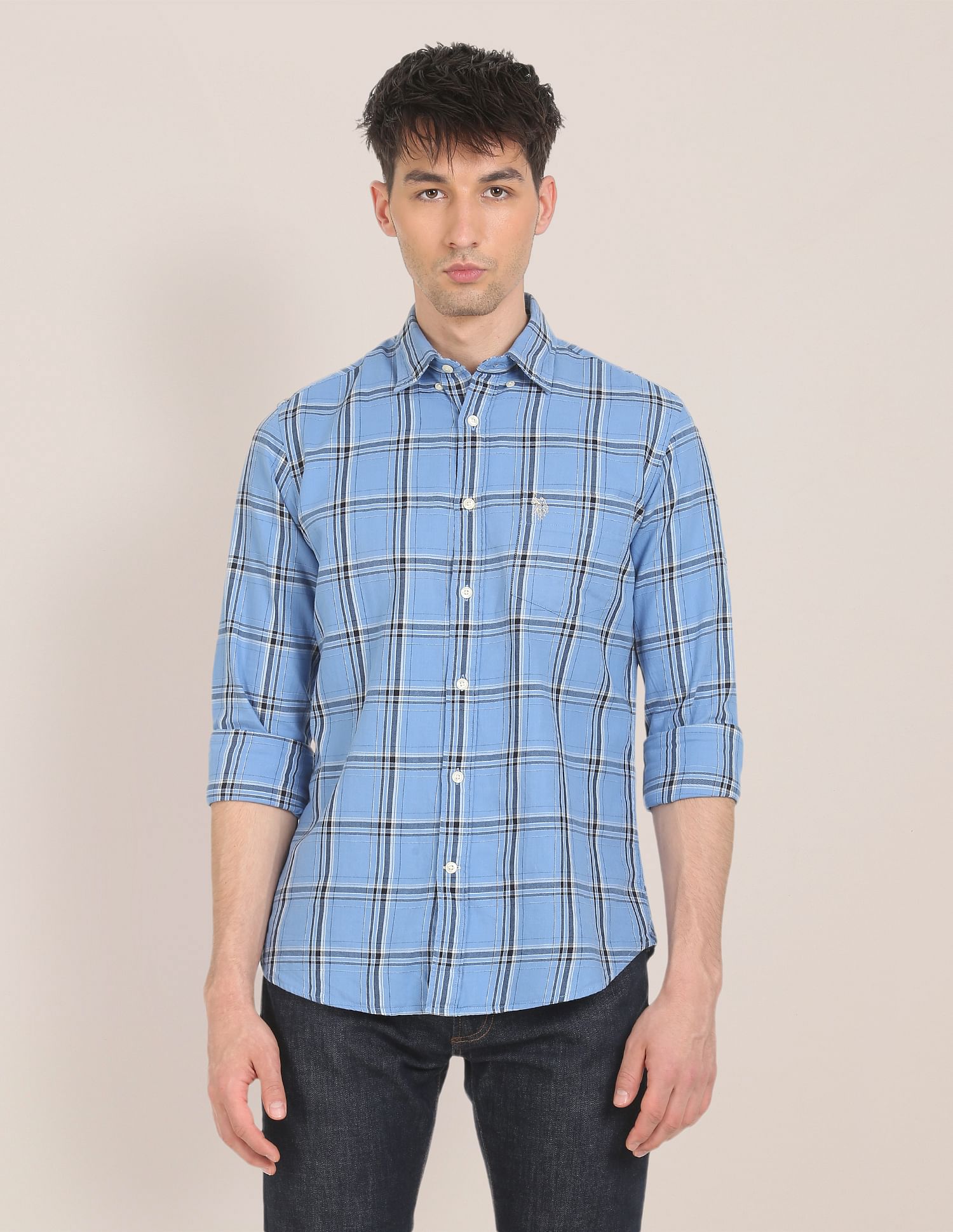 Men Blue Button-Down Collar Check Casual Shirt Blue - U.S. POLO ASSN. | Large