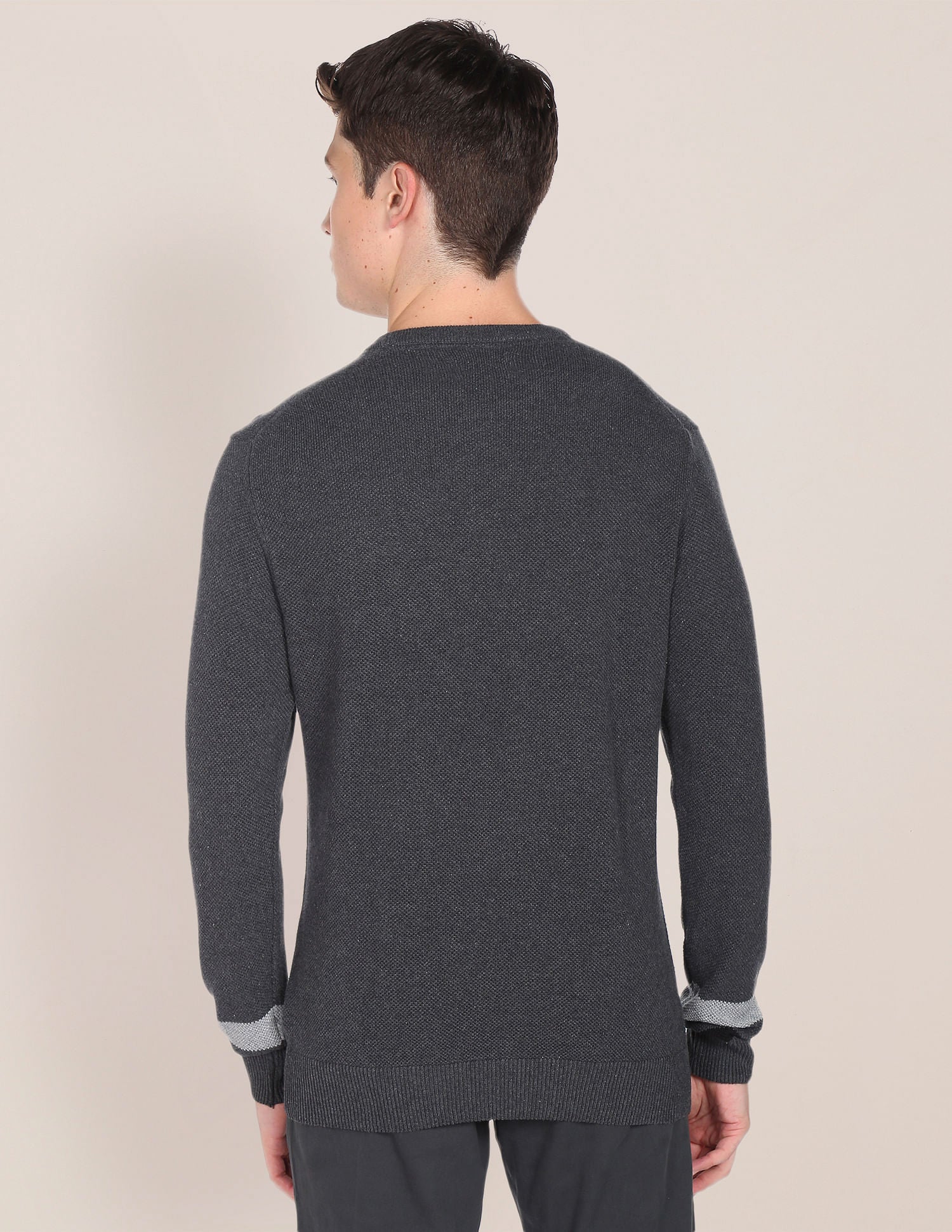 Crew Neck Striped Sleeve Textured Cotton Sweater Charcoal - U.S. Polo Assn. India | Large