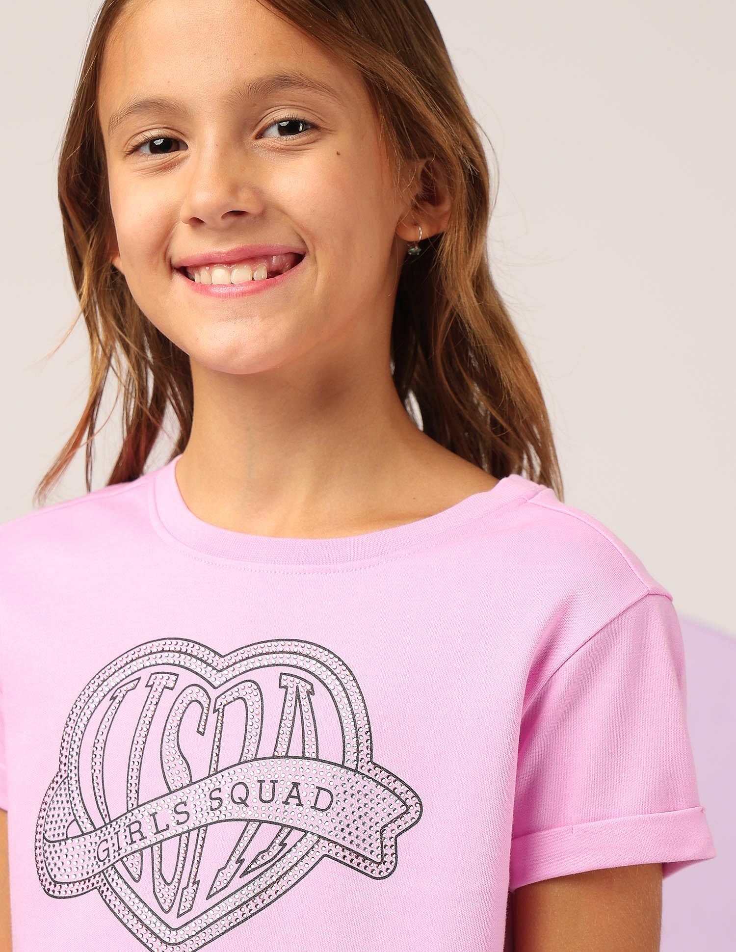 Girls Stud Detailed Relaxed Fit T-Shirt Pink - U.S. POLO ASSN. | Large