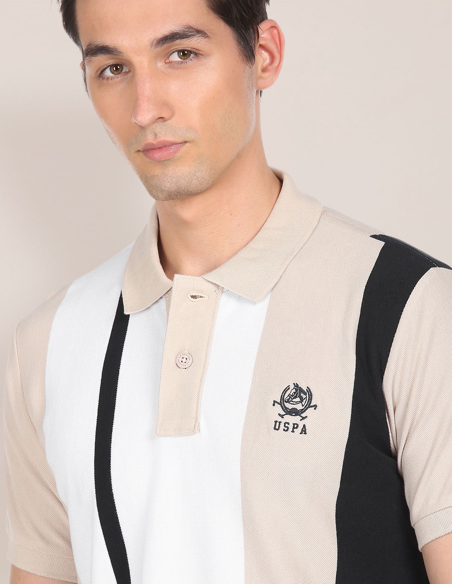 Ribbed Collar Striped Polo Shirt Beige - U.S. POLO ASSN. | Large