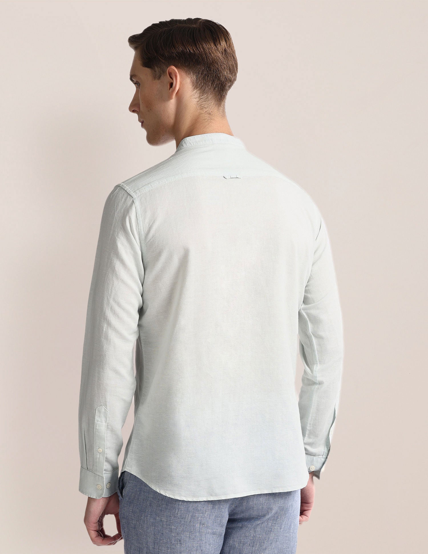 Mandarin Collar Linen Blend Shirt Light Aqua - U.S. Polo Assn. India | Large
