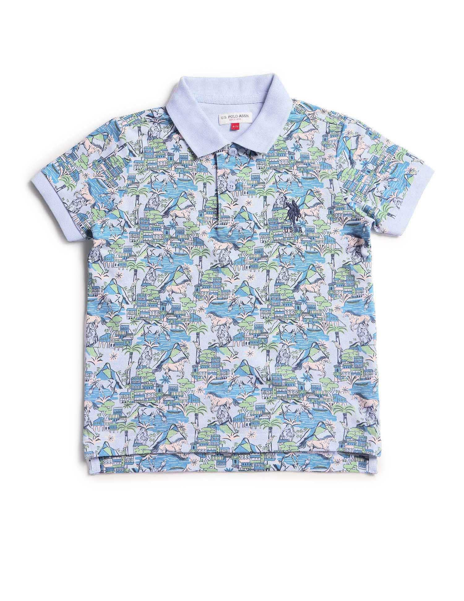 Boys Regular Fit All Over Printed Polo Shirt Light Blue - U.S. POLO ASSN. | Large