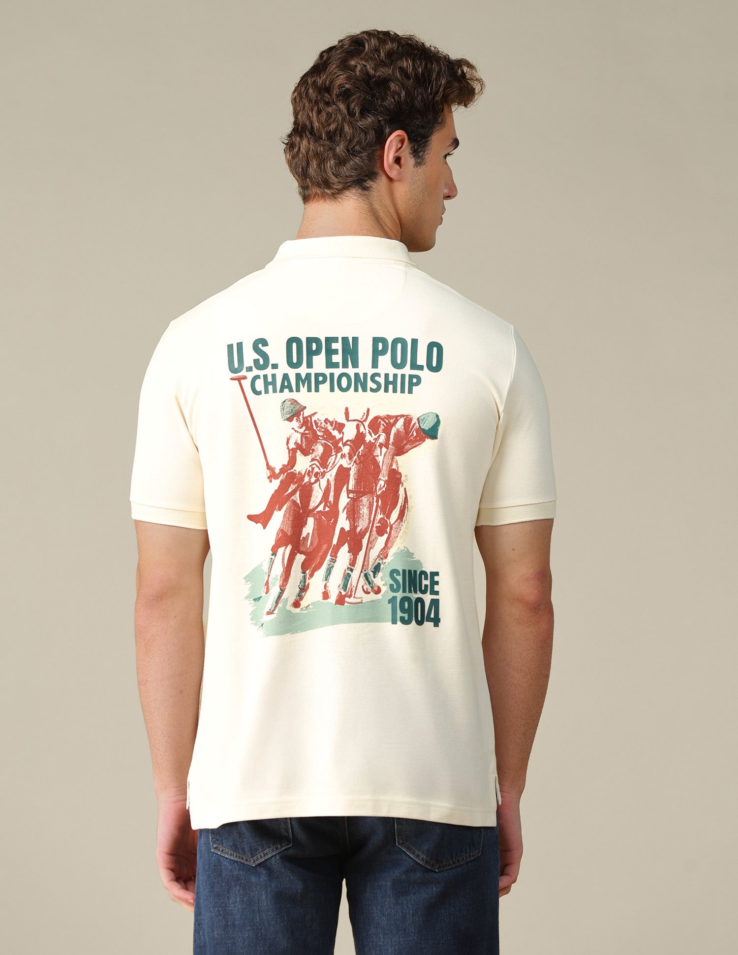 Graphic Brand Printed Regular Fit Polo Shirt Off White - U.S. Polo Assn. India | Large