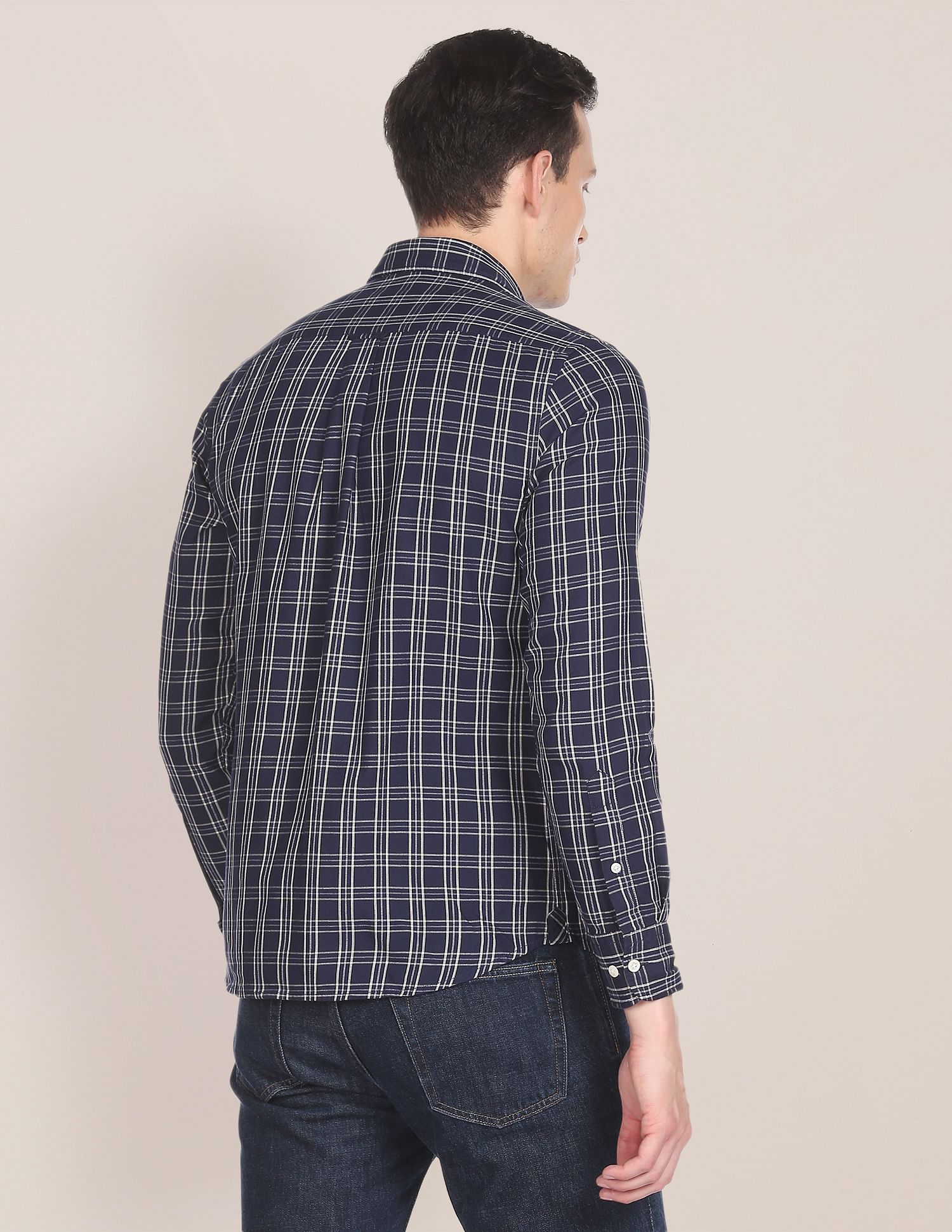 Men Navy Button Down Collar Check Casual Shirt Navy - U.S. POLO ASSN. | Large