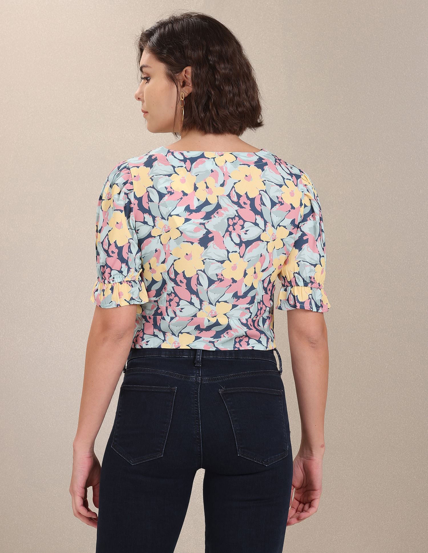 V-Neck Puff Sleeve Crop Top Yellow, Pink and Blue - U.S. Polo Assn. India | Large