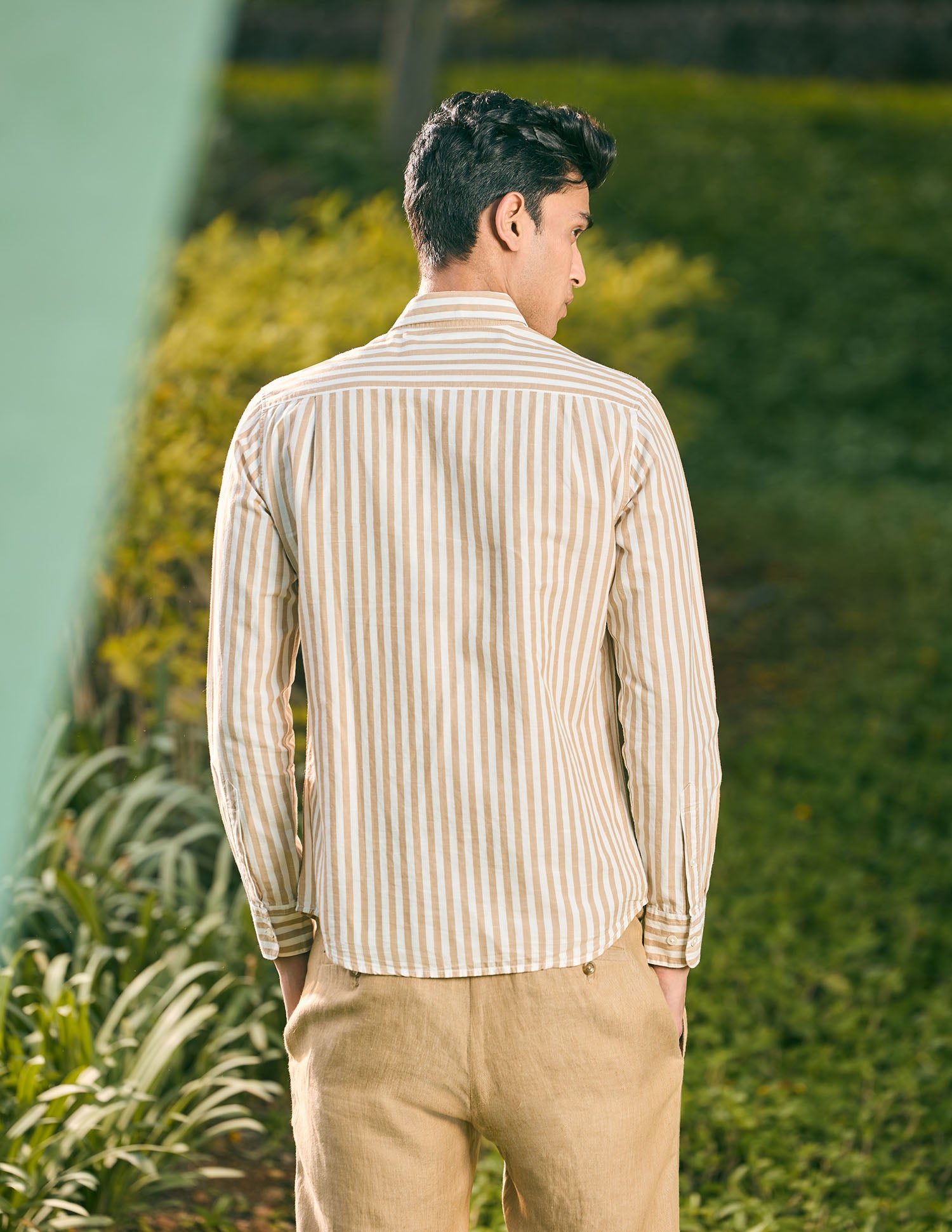 Pacho X Vertical Stripe Cotton Linen Shirt Beige - U.S. POLO ASSN. | Large