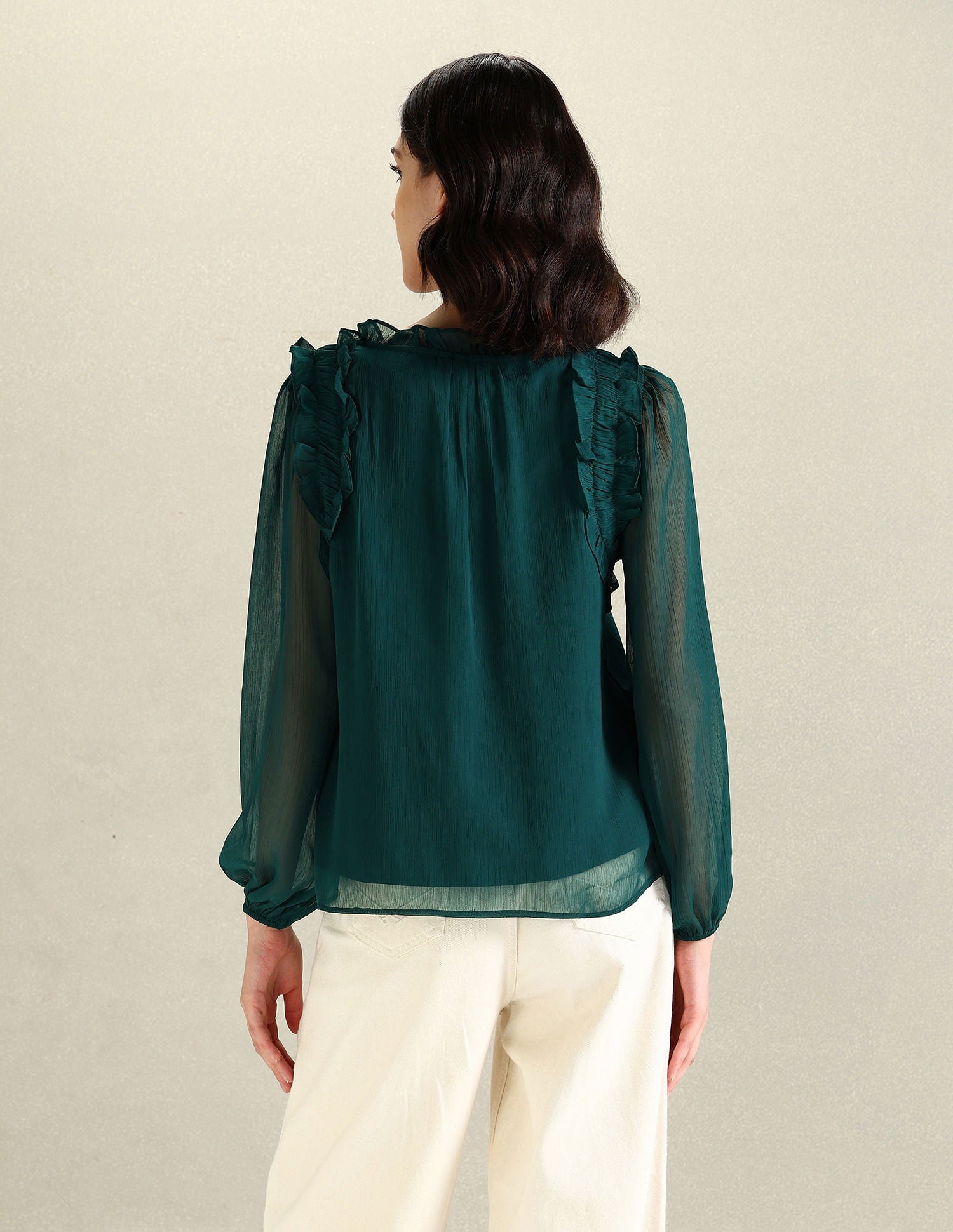 V-Neck Ruffled Neck Top Green - U.S. Polo Assn. India | Large