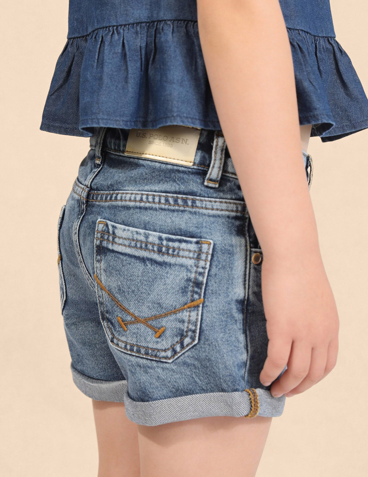 Girls Mid Rise Whiskered Denim Shorts Mid Blue - U.S. Polo Assn. India | Large