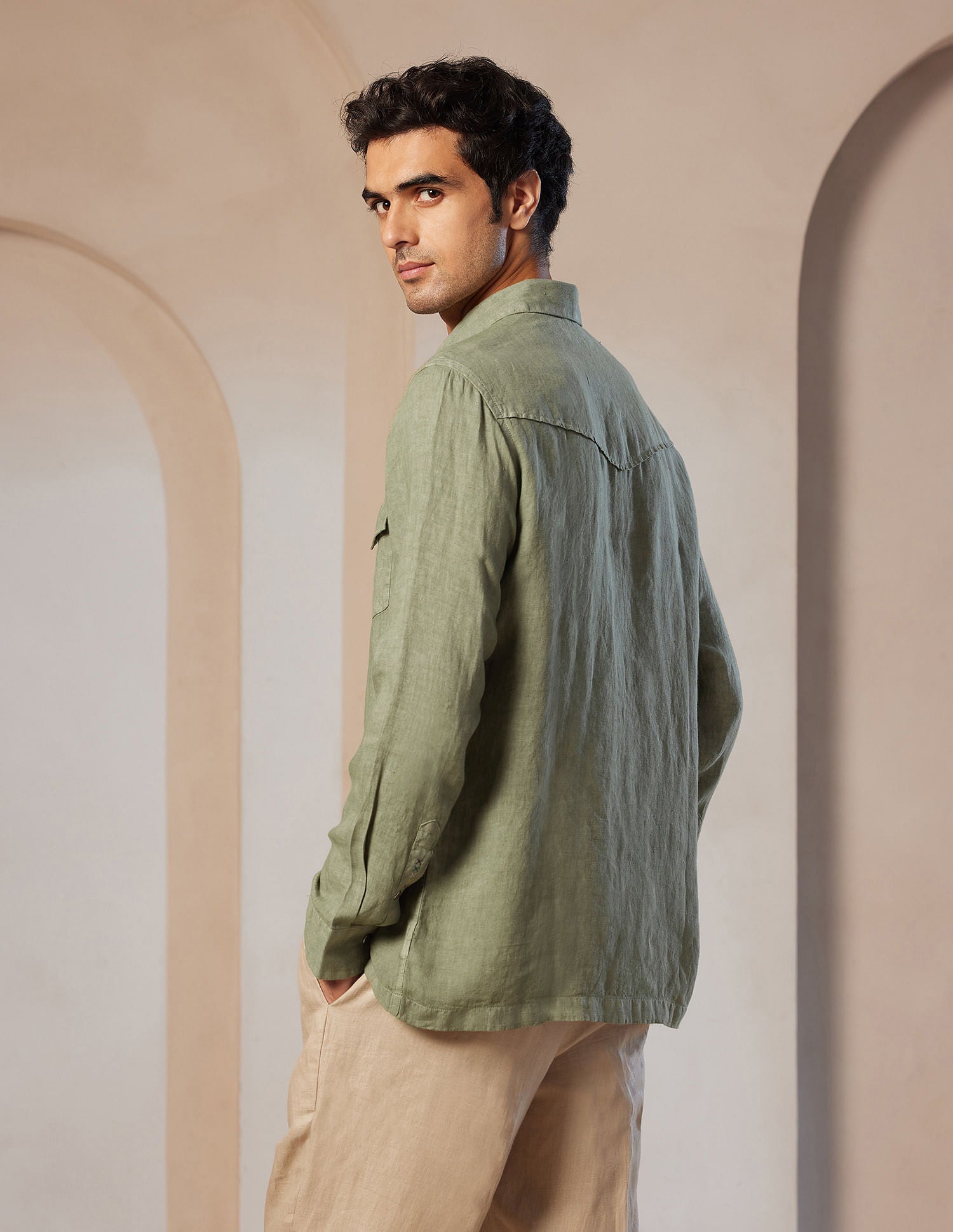 Pacho X Tailored Fit Linen Shirt Olive - U.S. POLO ASSN. | Large