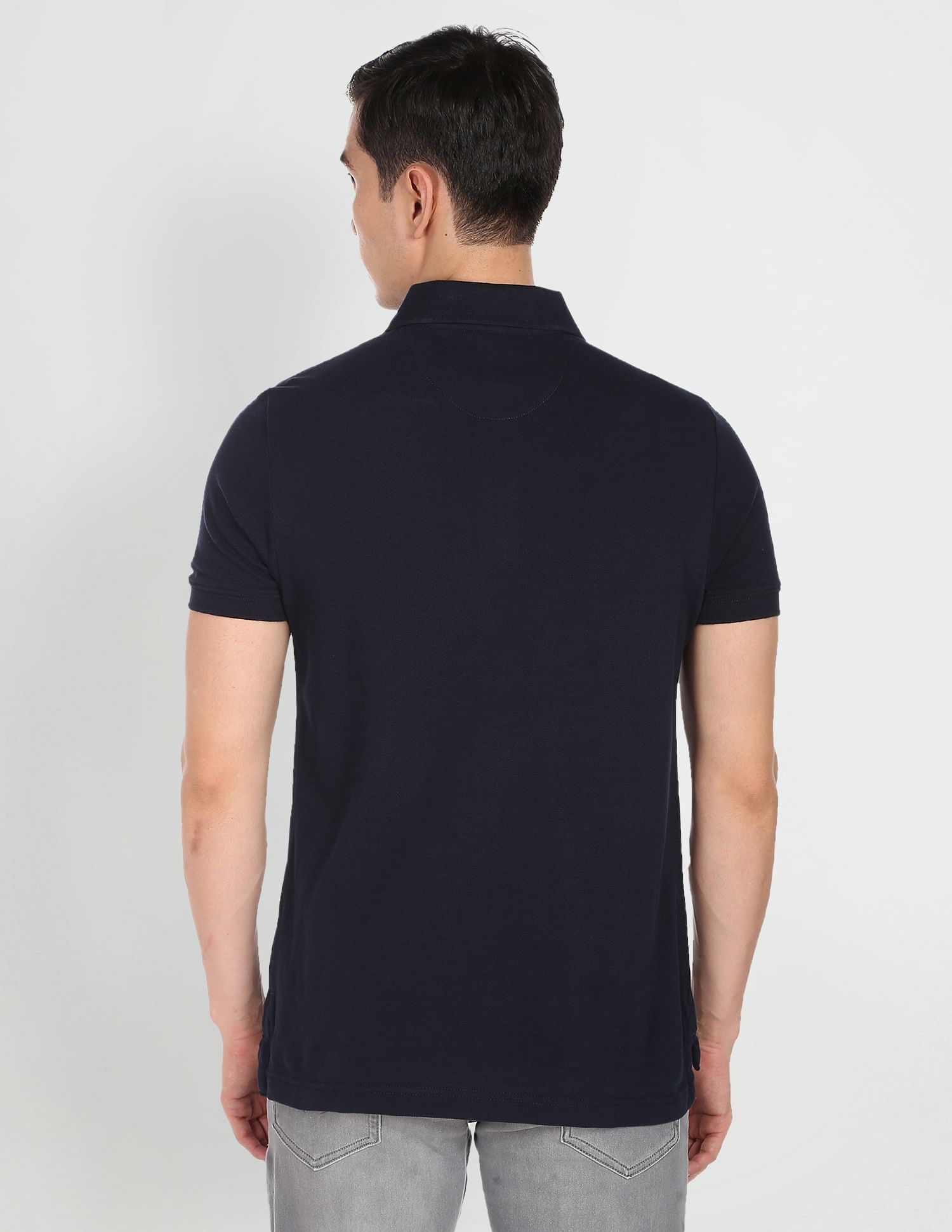 Ribbed Collar Pique Solid Cotton Polo Shirt Navy - U.S. Polo Assn. India | Large