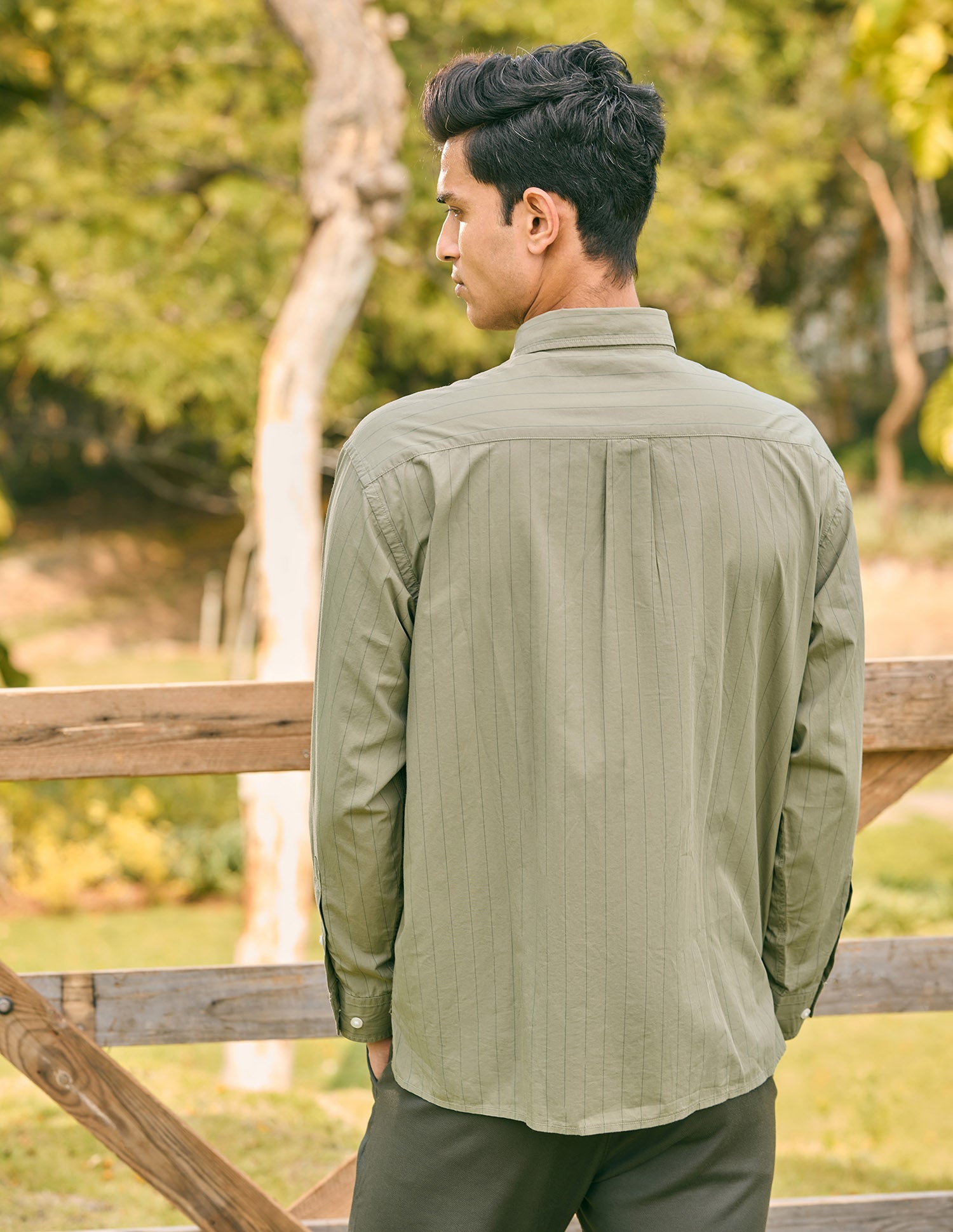 Pacho X Vertical Striped Tailored Fit Shirt Light Olive - U.S. POLO ASSN. | Large