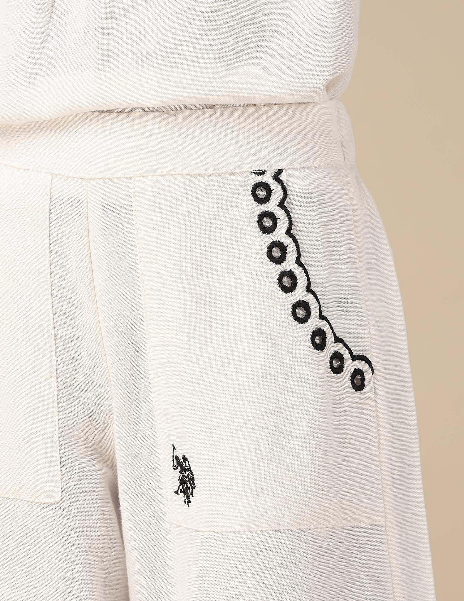 Girls Wide Leg Embroidered Trousers Ecru - U.S. POLO ASSN. | Large