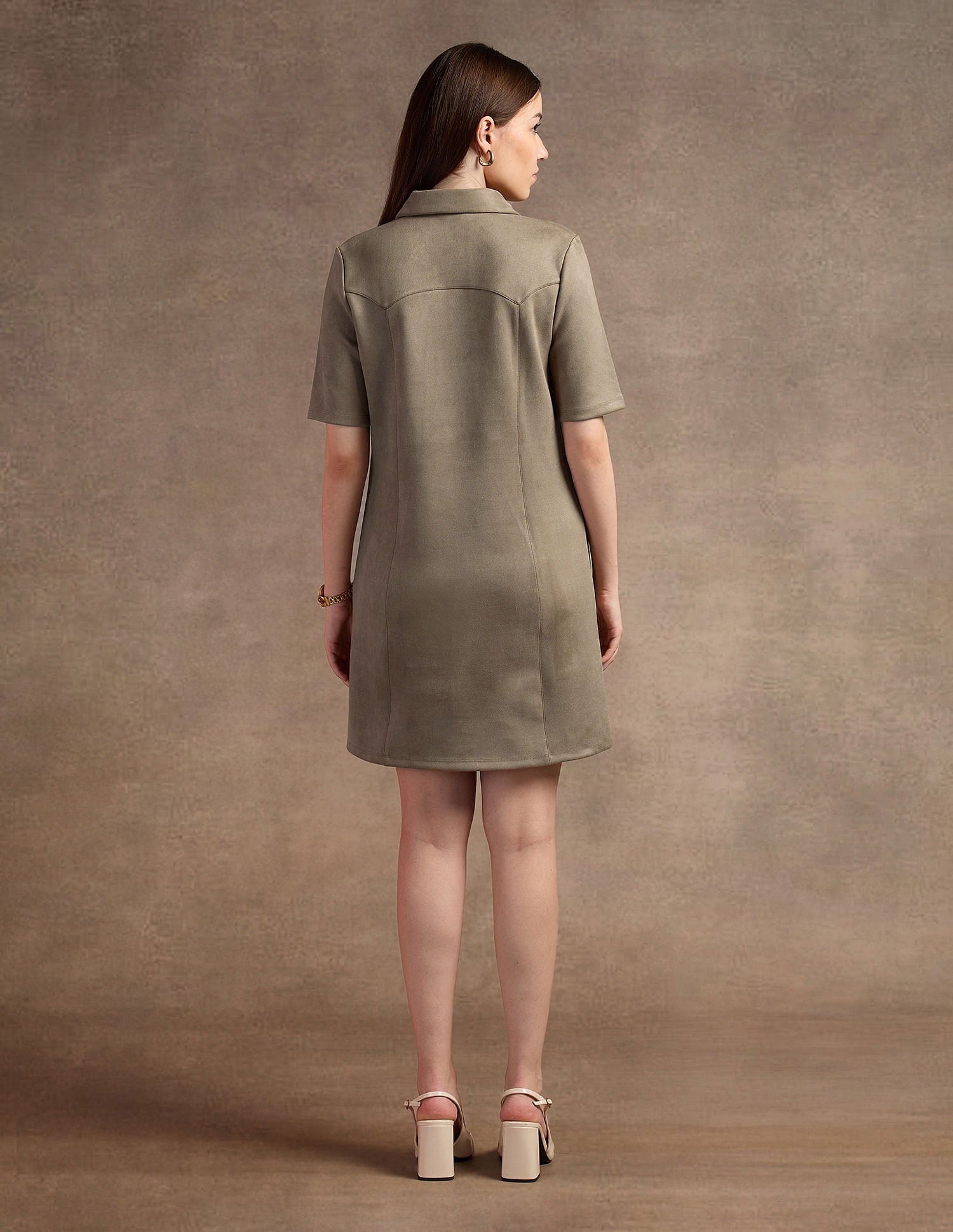 Shirt Collar Suede Shift Dress Tan - U.S. POLO ASSN. | Large