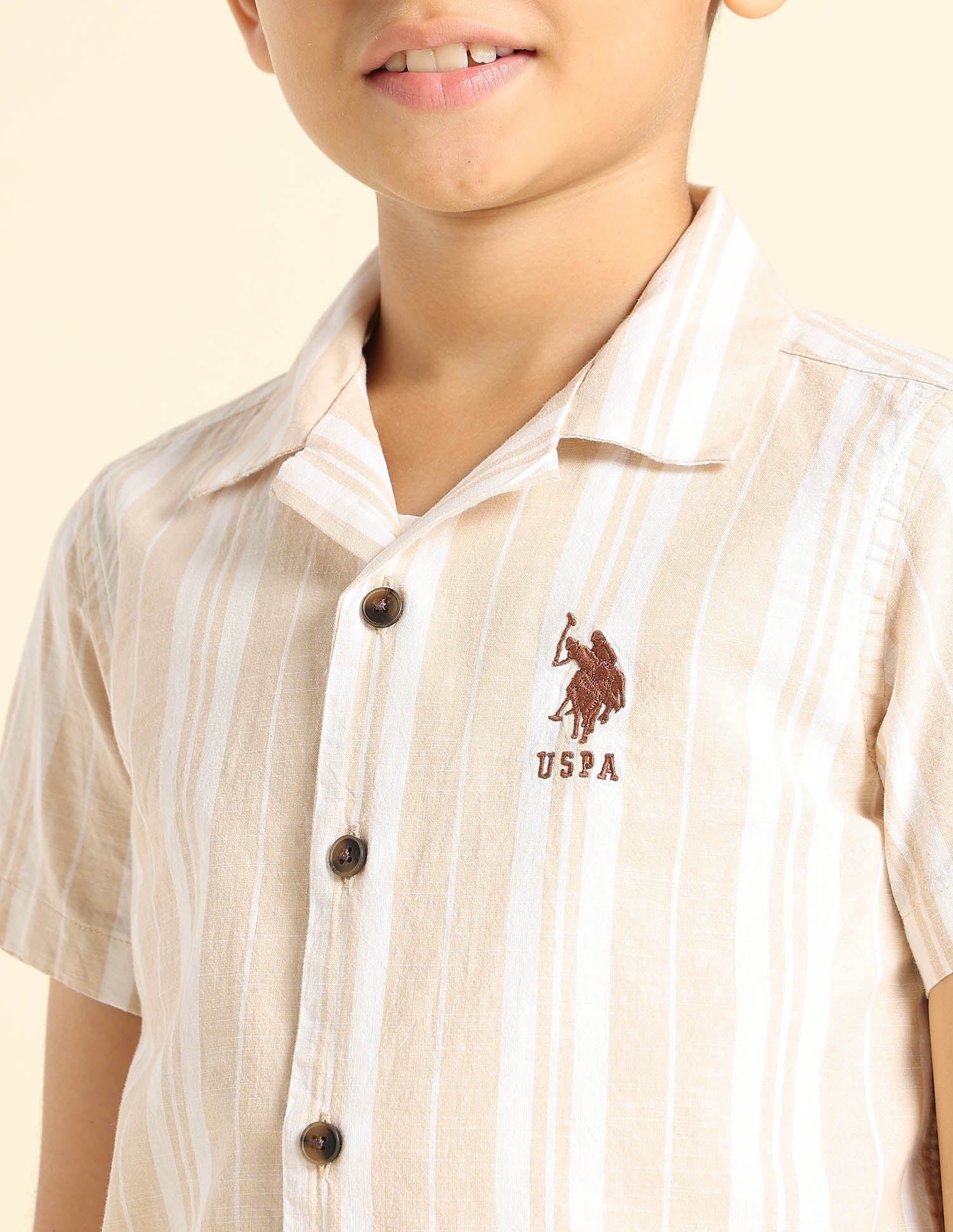 Boys Vertical Striped Cuban Shirt Beige - U.S. POLO ASSN. | Large