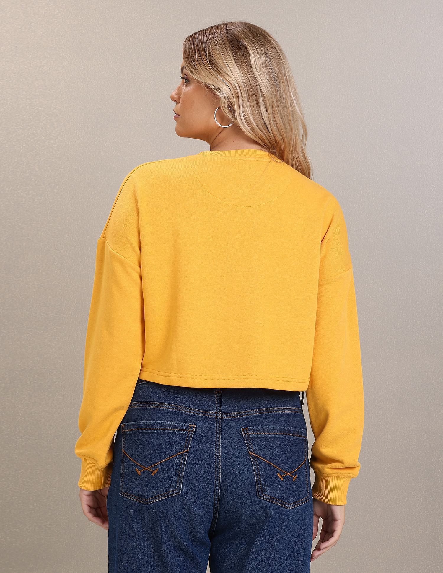 Crew Neck Brand Print Cropped Sweatshirt Mustard - U.S. Polo Assn. India | Large