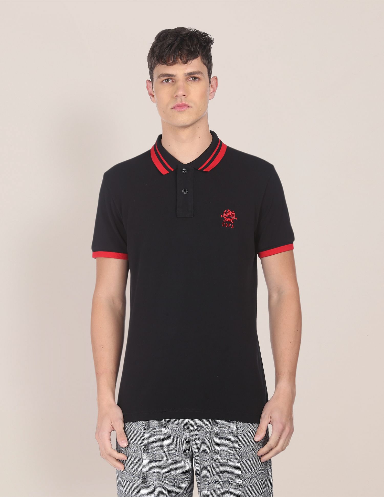 Men Black Cotton Solid Polo Shirt Black - U.S. POLO ASSN. | Large