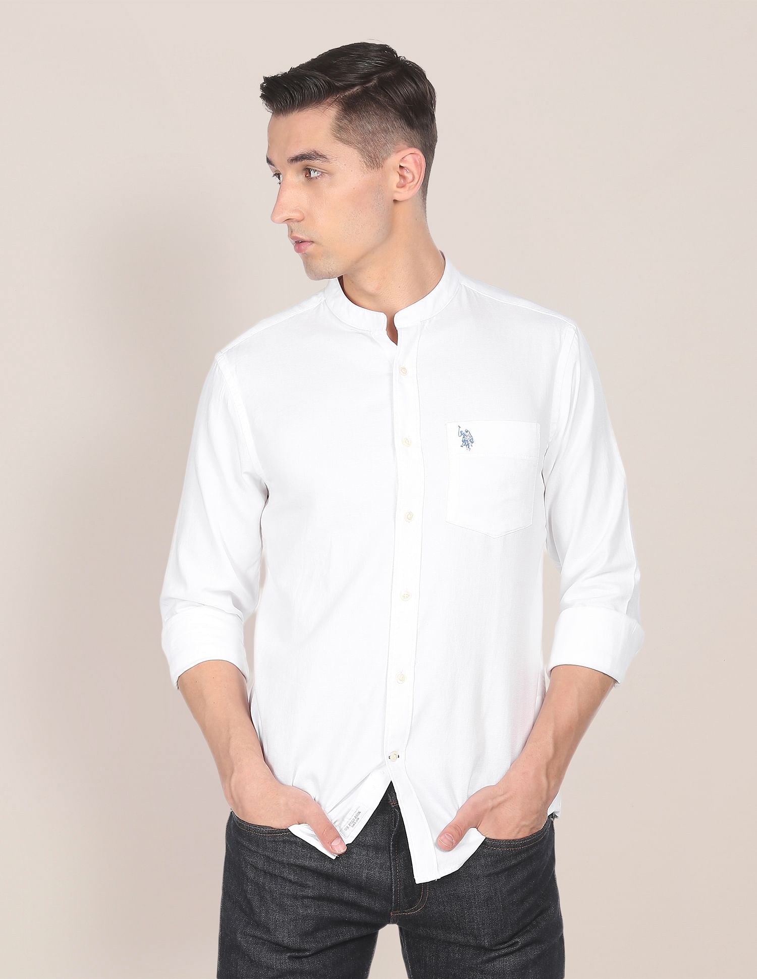 Men White Mandarin Collar Solid Casual Shirt – U.S. Polo Assn. India