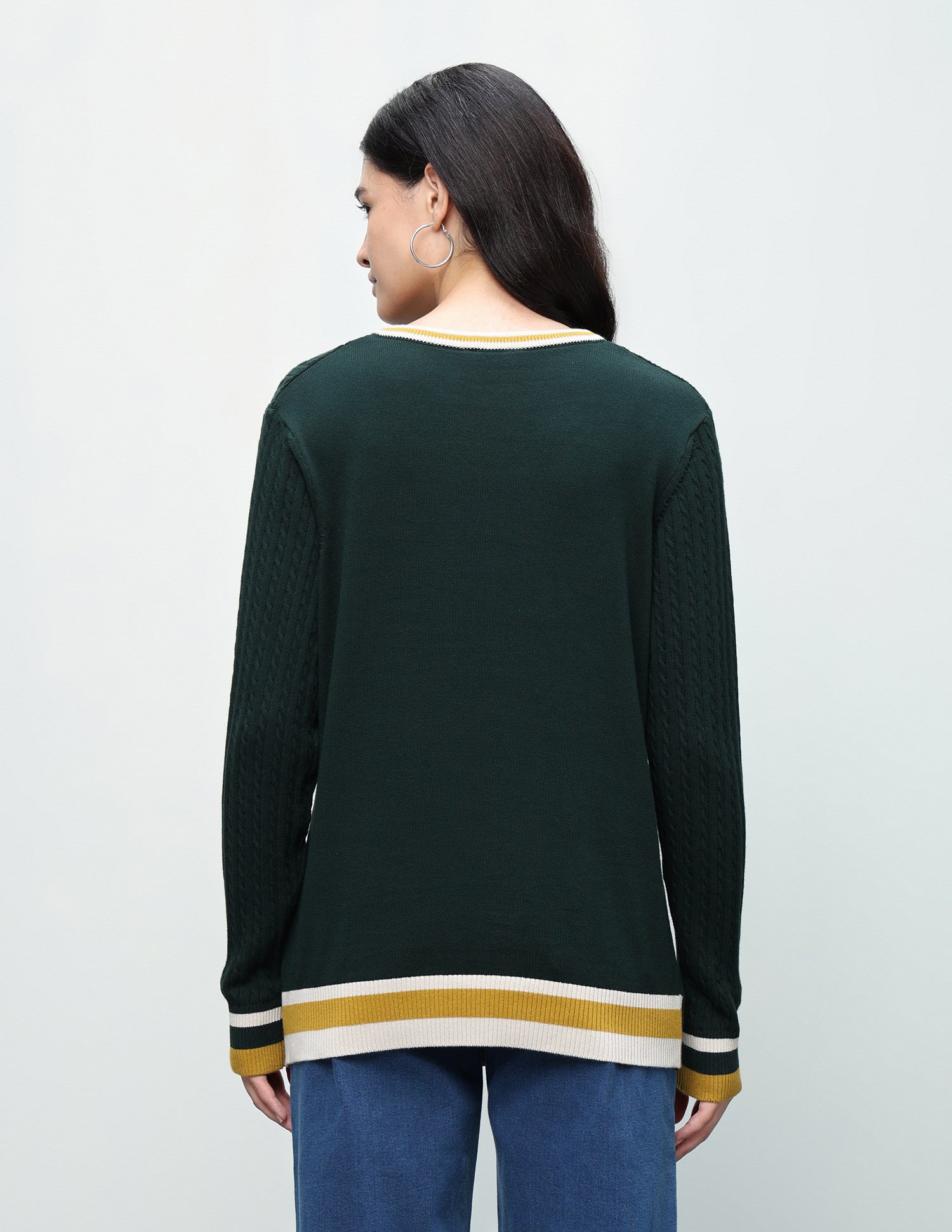 Cable Patterned Knit Regular Fit Sweater Dark Green - U.S. Polo Assn. India | Large