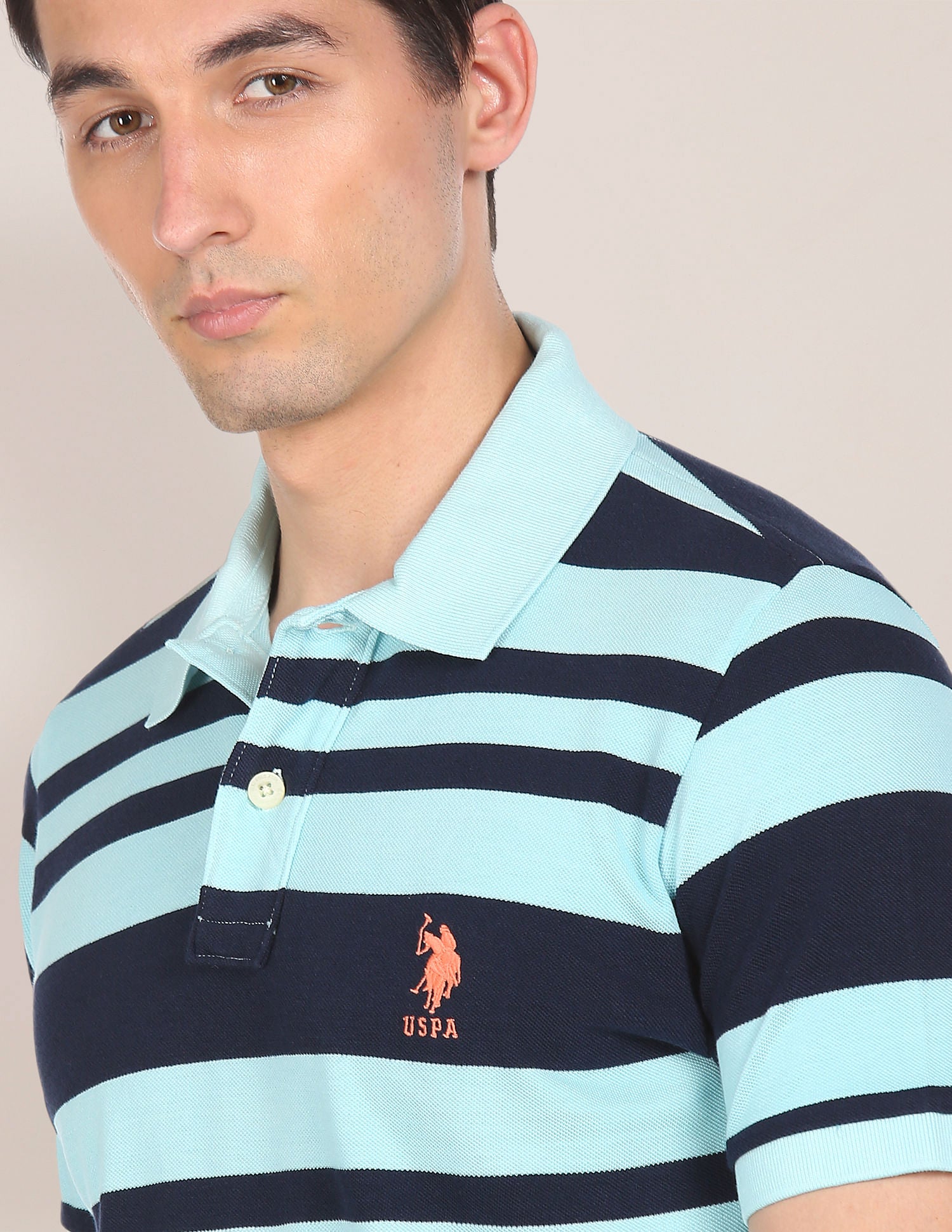 Ribbed Collar Striped Polo Shirt Aqua and Navy - U.S. Polo Assn. India | Large