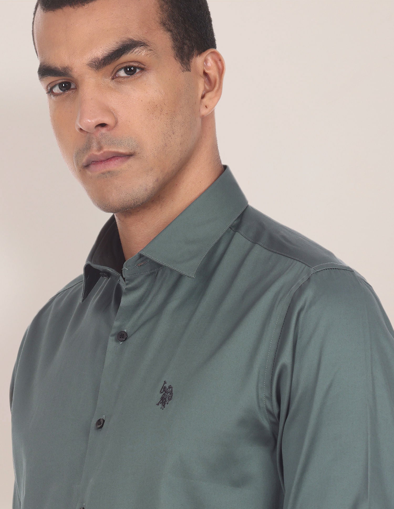 Spread Collar Cotton Stretch Shirt Sage Green - U.S. POLO ASSN. | Large