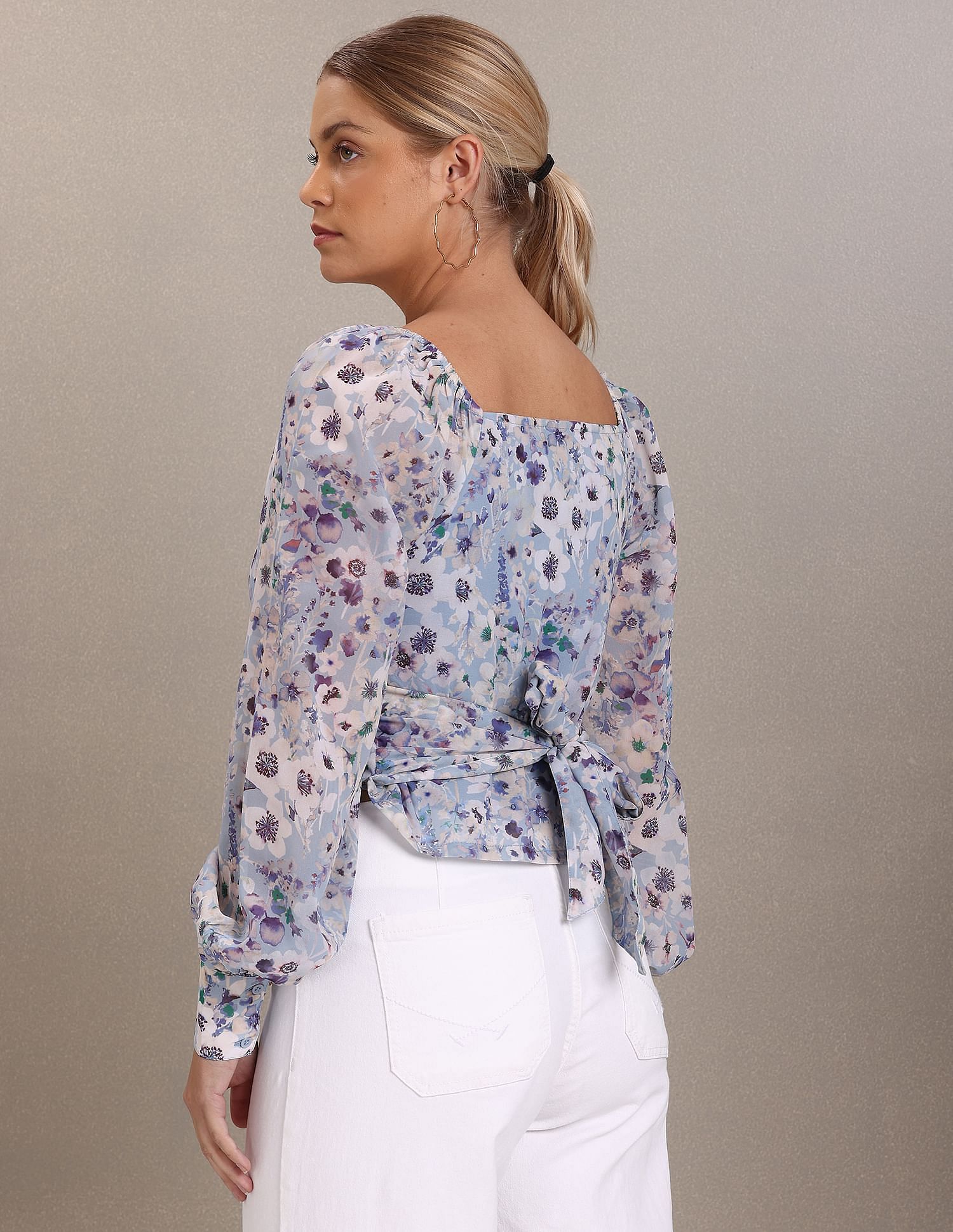 Square Neck Floral Print Woven Top Blue - U.S. Polo Assn. India | Large