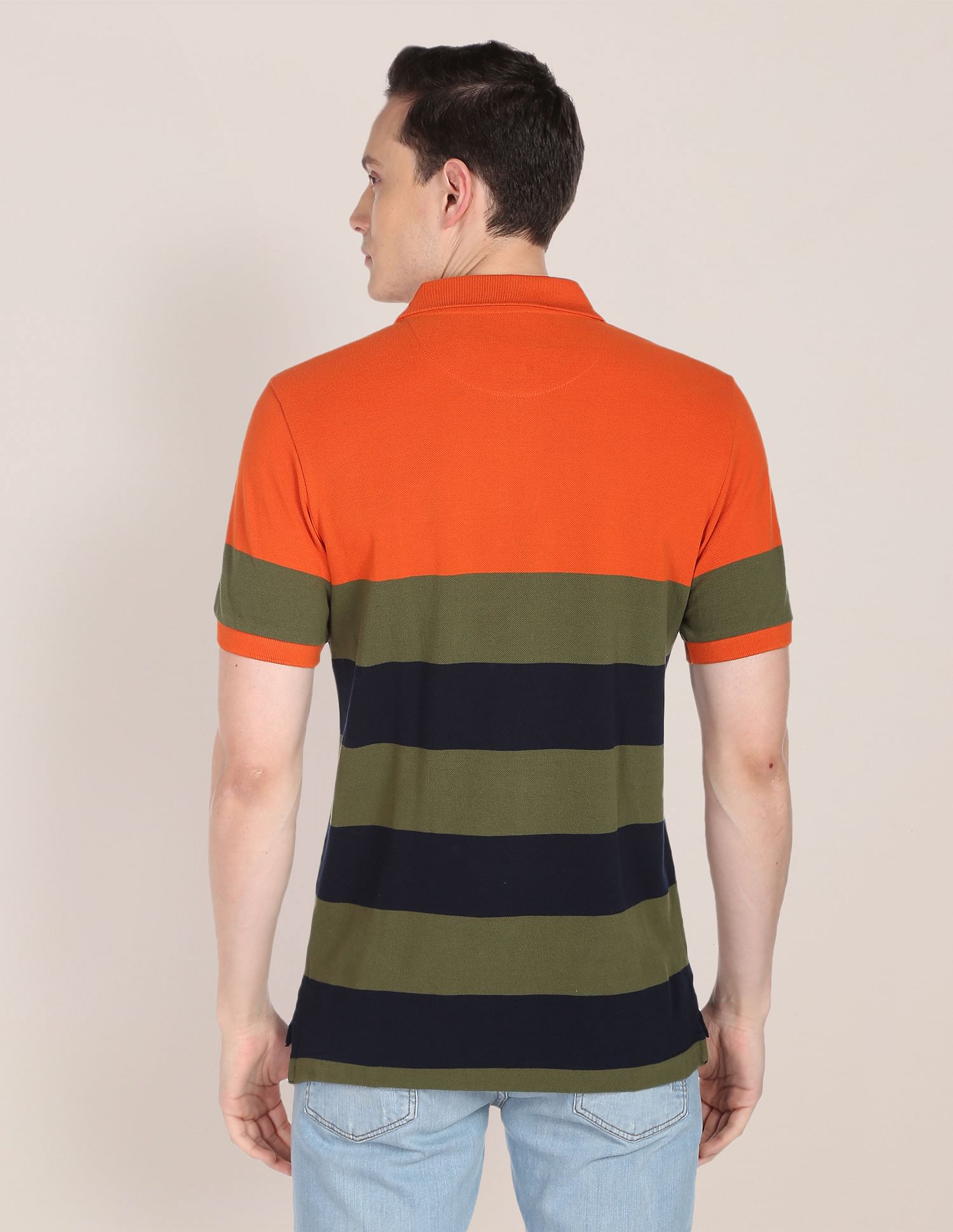 Horizontal Stripe Cotton Polo Shirt Orange, Olive and Navy - U.S. POLO ASSN. | Large