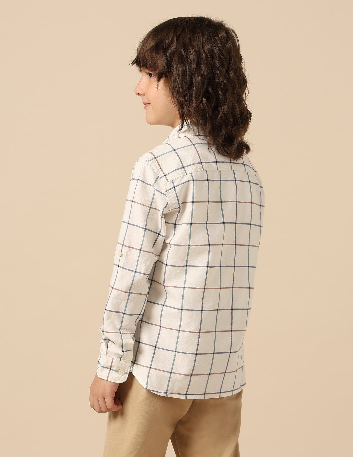 Boys Windowpane Checked Oxford Shirt Beige - U.S. POLO ASSN. | Large