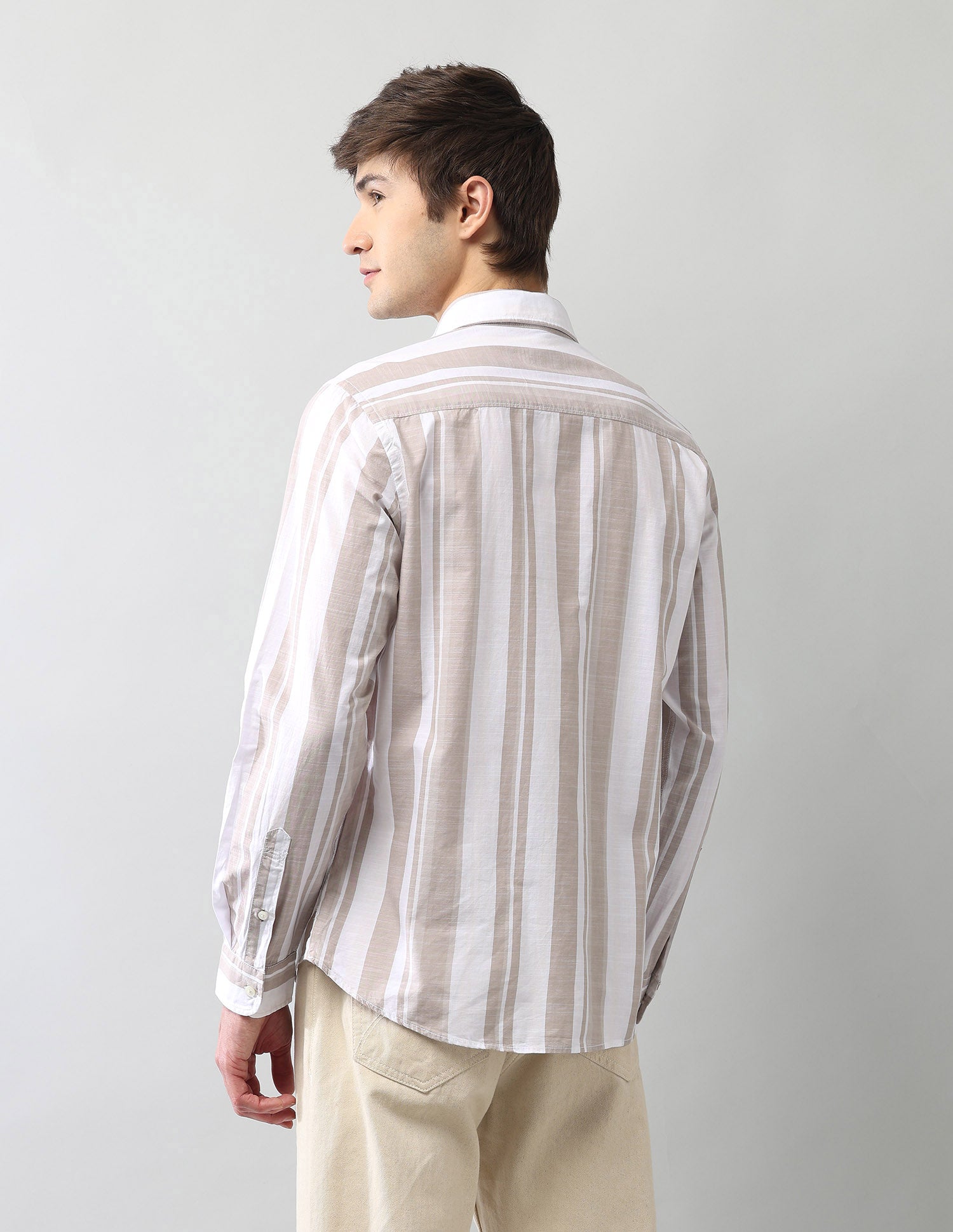 Vertical Striped Cotton Poplin Shirt Khaki - U.S. Polo Assn. India | Large