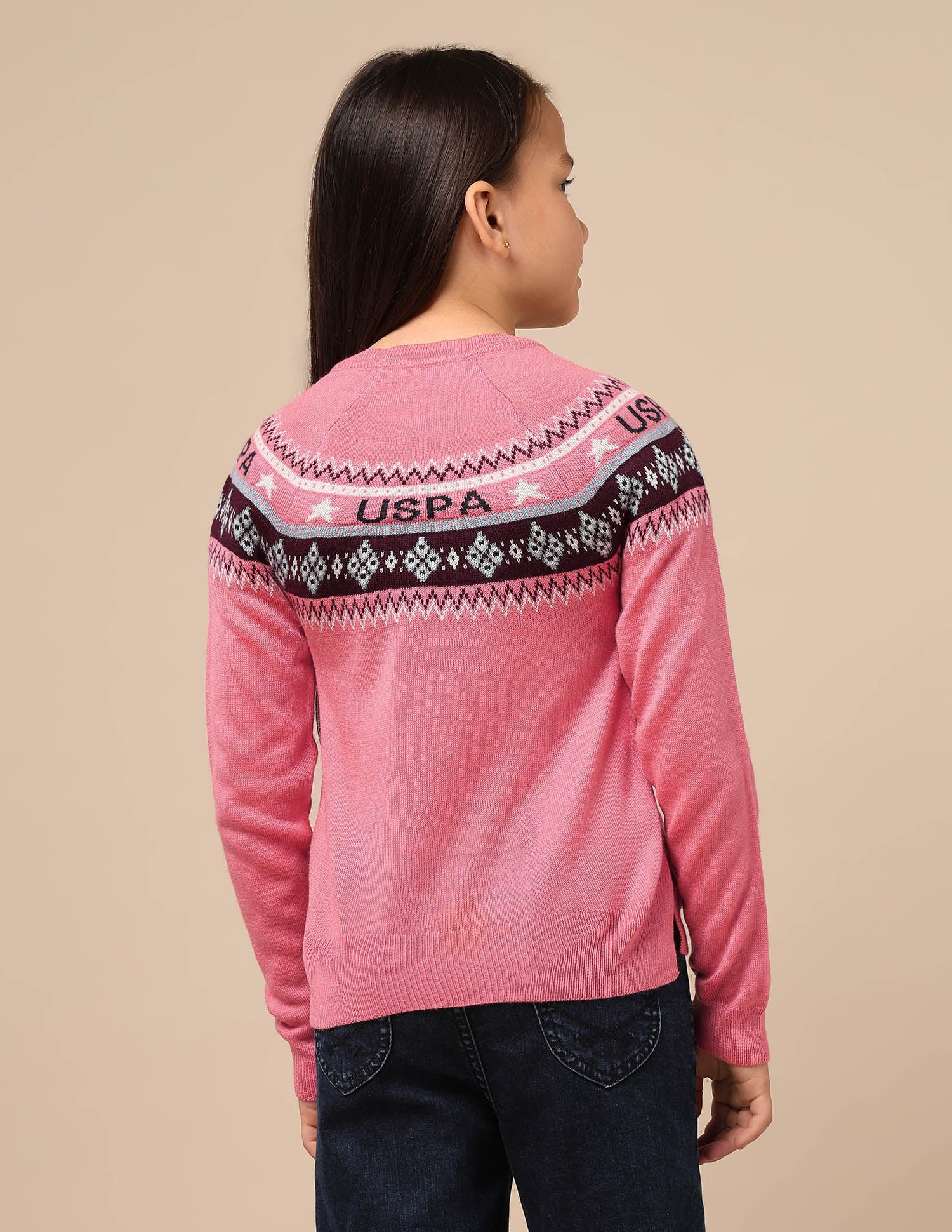 Girls Geometric Patterned Knit Sweater Pink - U.S. POLO ASSN. | Large