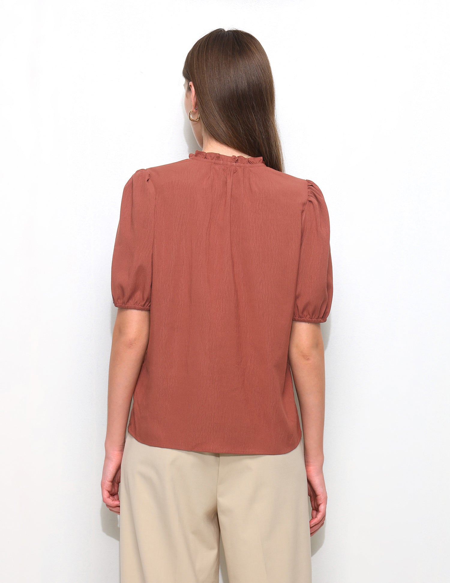 Solid Ruffle Neck Puff Sleeve Top Brown - U.S. Polo Assn. India | Large
