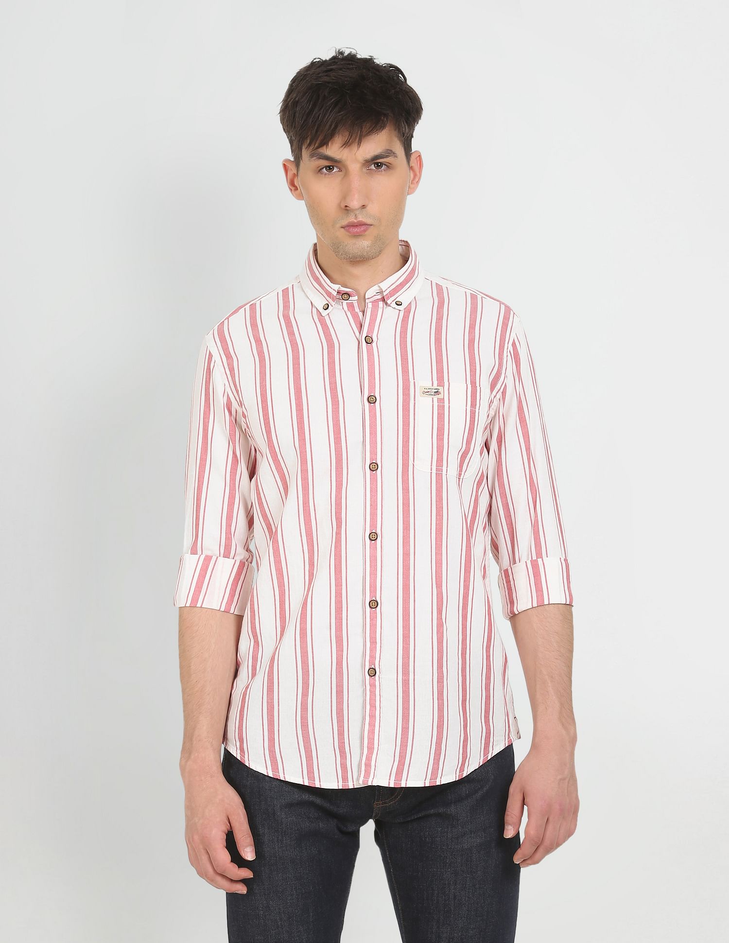 Button Down Collar Striped Cotton Casual Shirt Red and White - U.S. POLO ASSN. | Large
