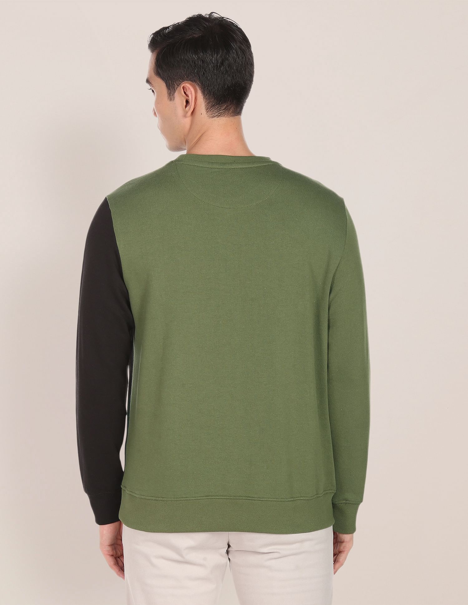 Crew Neck Panelled Two Tone Sweatshirt Olive - U.S. Polo Assn. India | Large