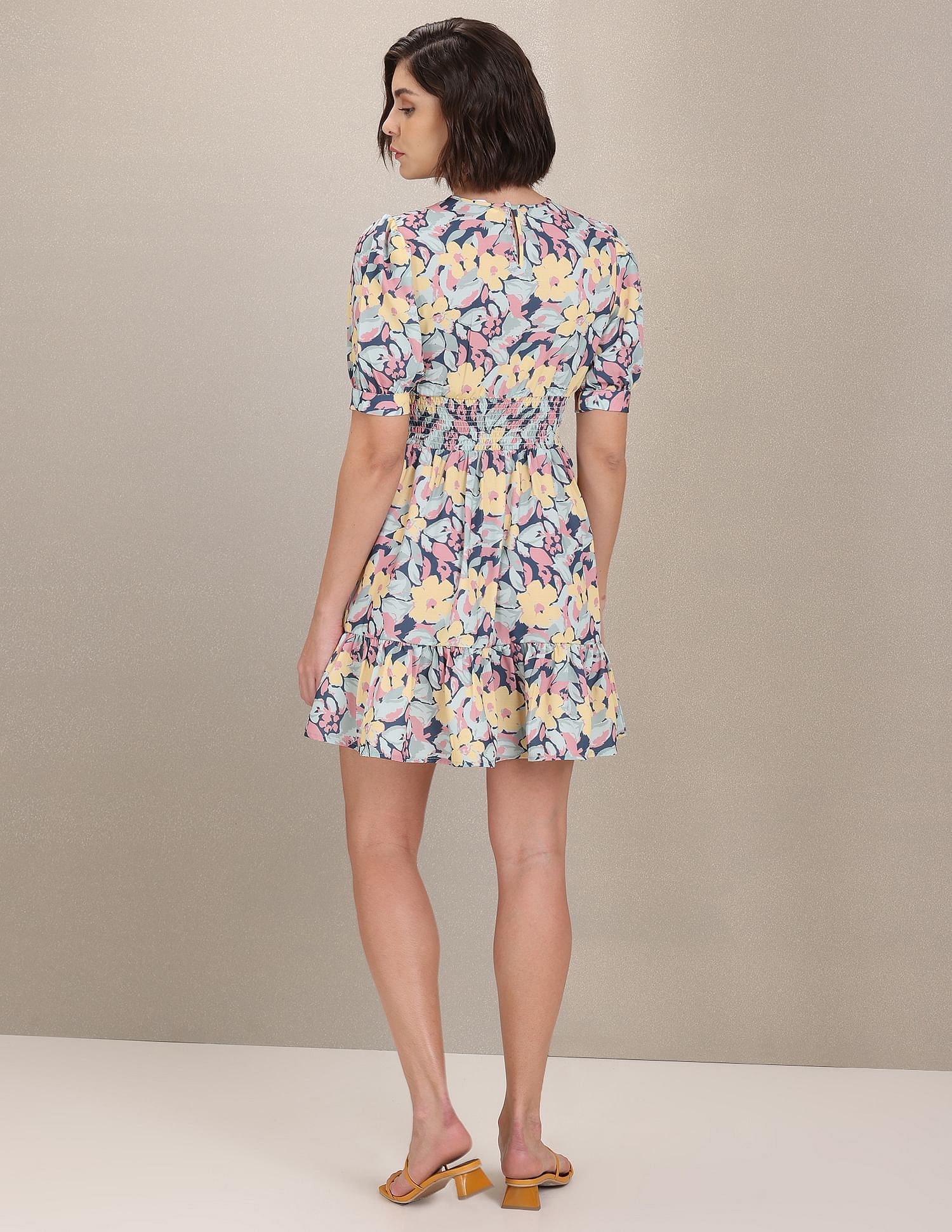 Puffed Sleeve Floral Fit And Flare Dress Aqua - U.S. POLO ASSN. | Large