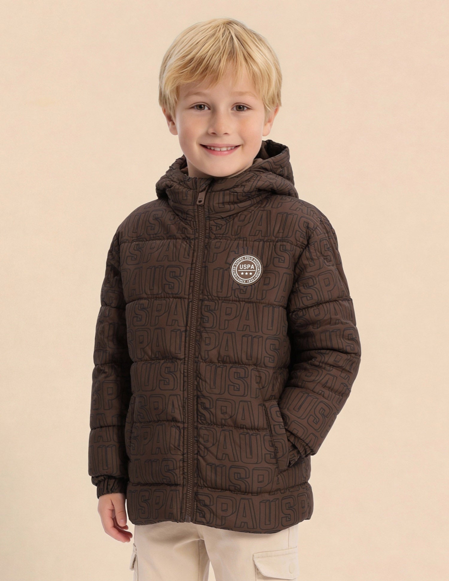 Boys Brand Printed Puffer Jacket Brown - U.S. Polo Assn. India | Large