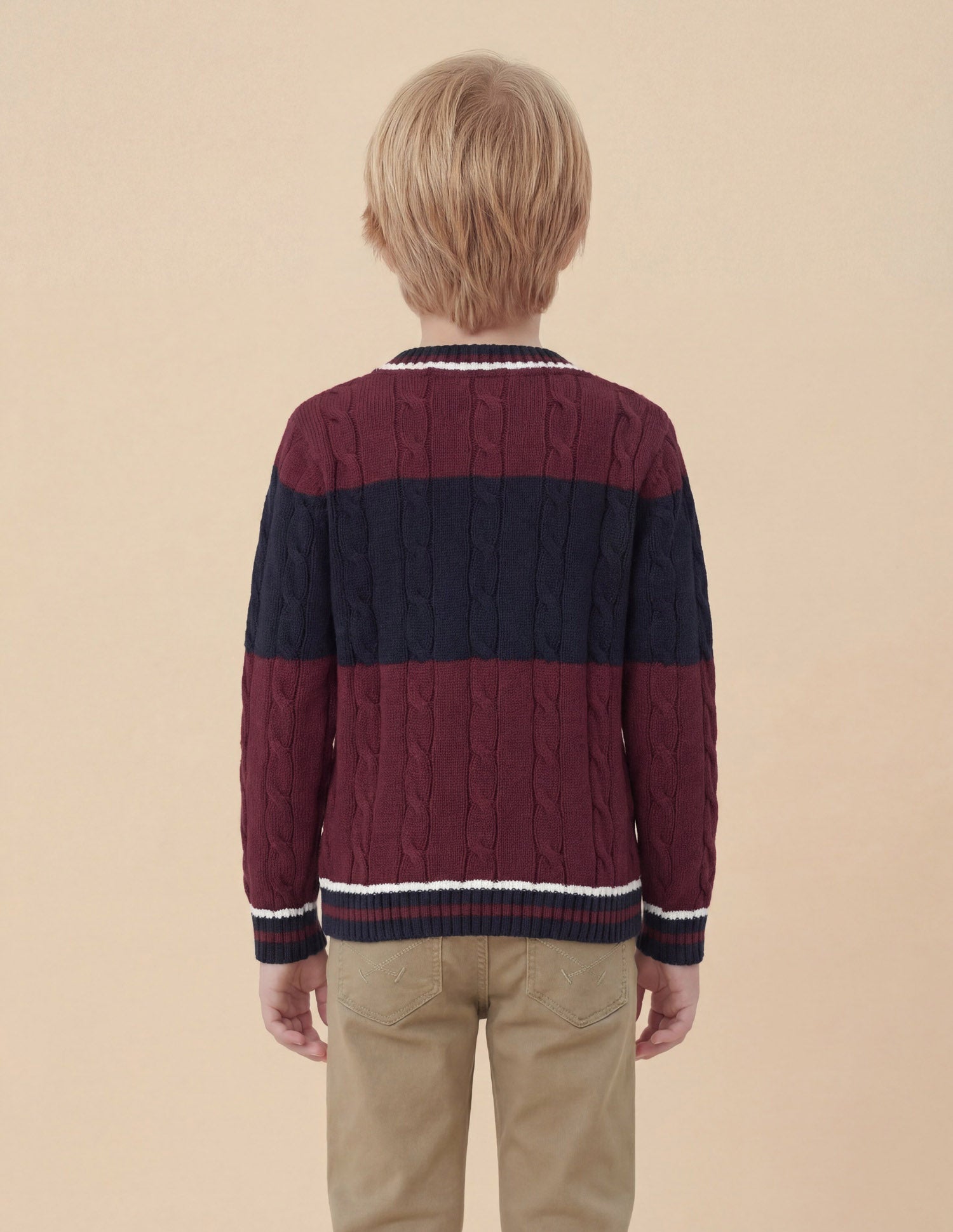 Boys Cable Knit Colorblocked Regular Fit Sweater Maroon - U.S. Polo Assn. India | Large