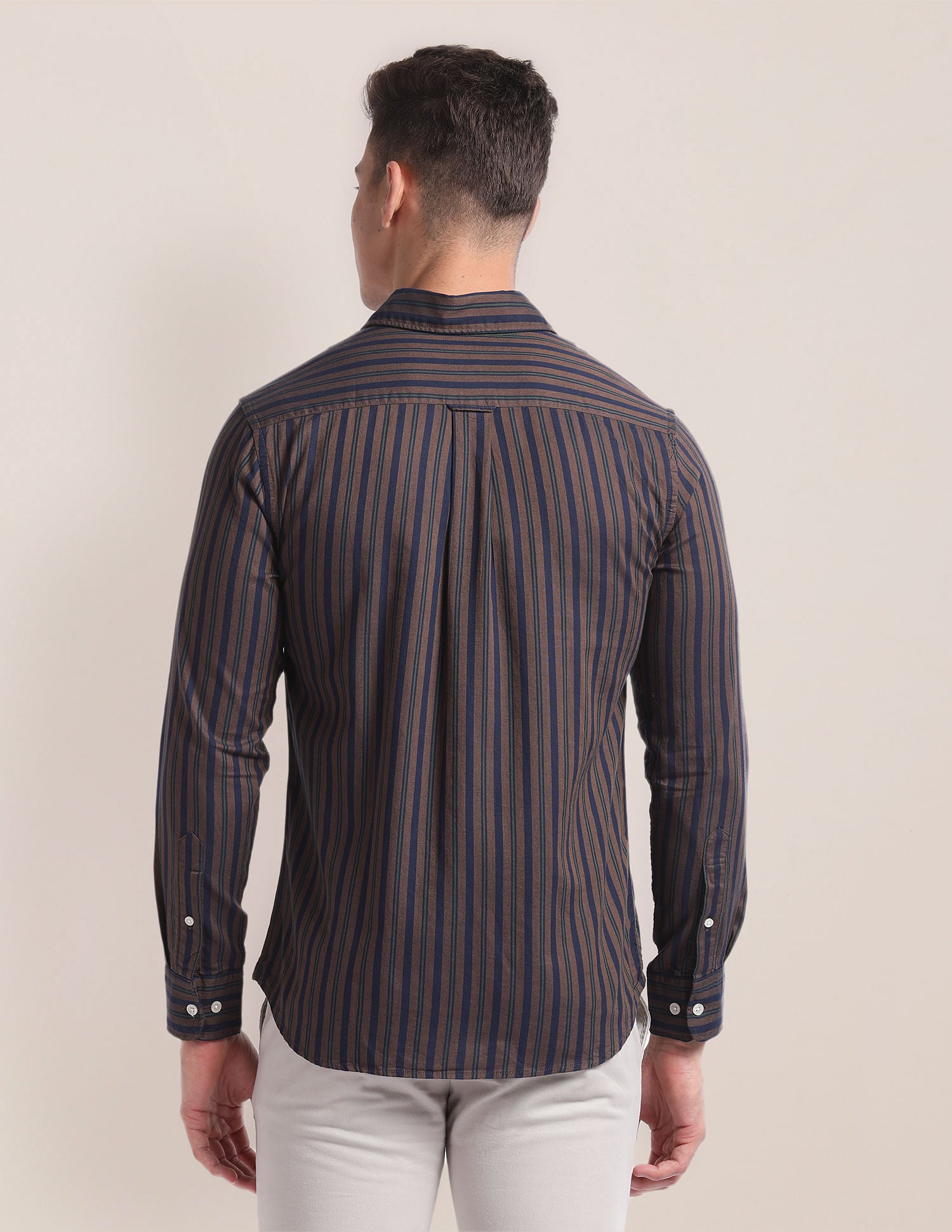 Vertical Stripe Dobby Shirt Brown and Navy - U.S. Polo Assn. India | Large