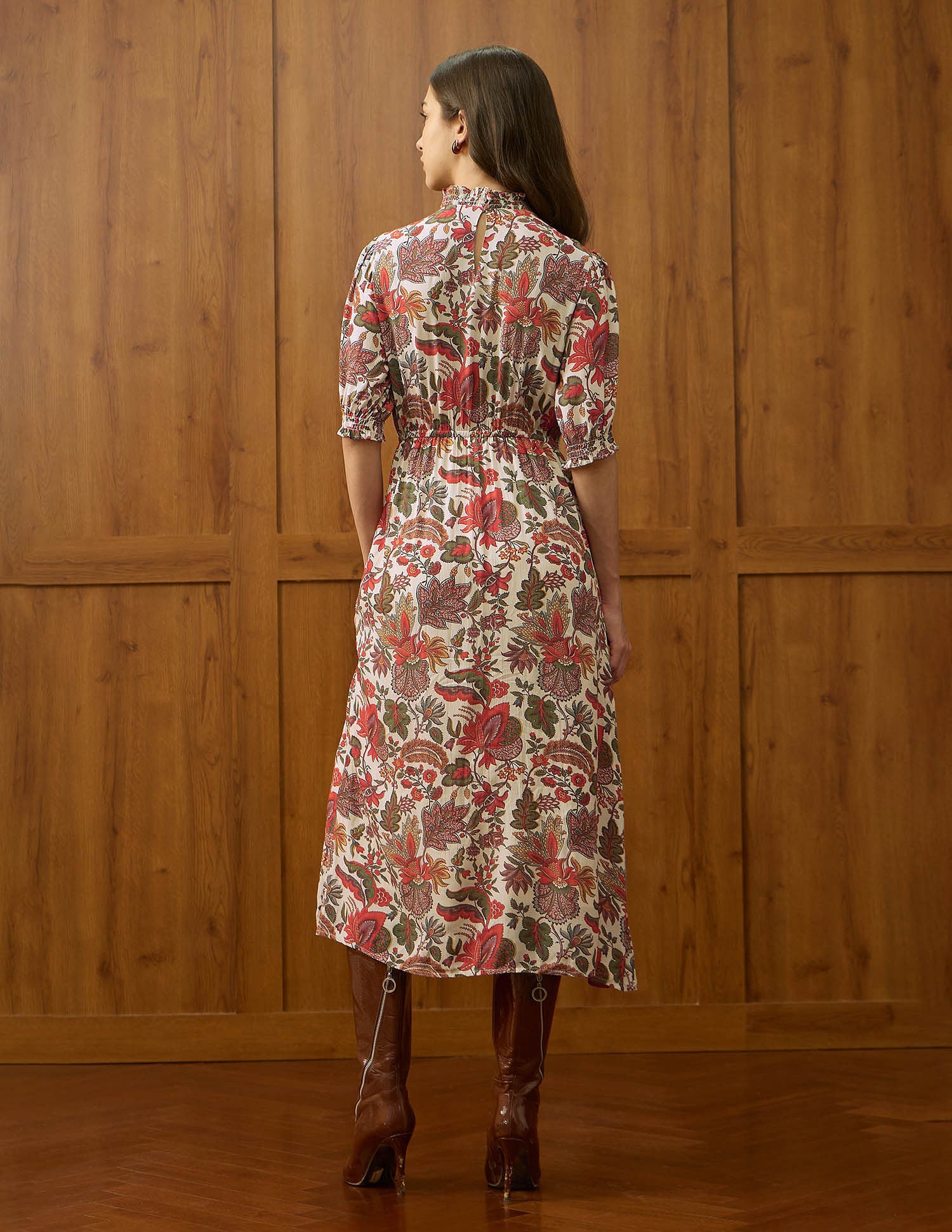 Smocked Floral Printed A-Line Midi Dress Ecru - U.S. POLO ASSN. | Large